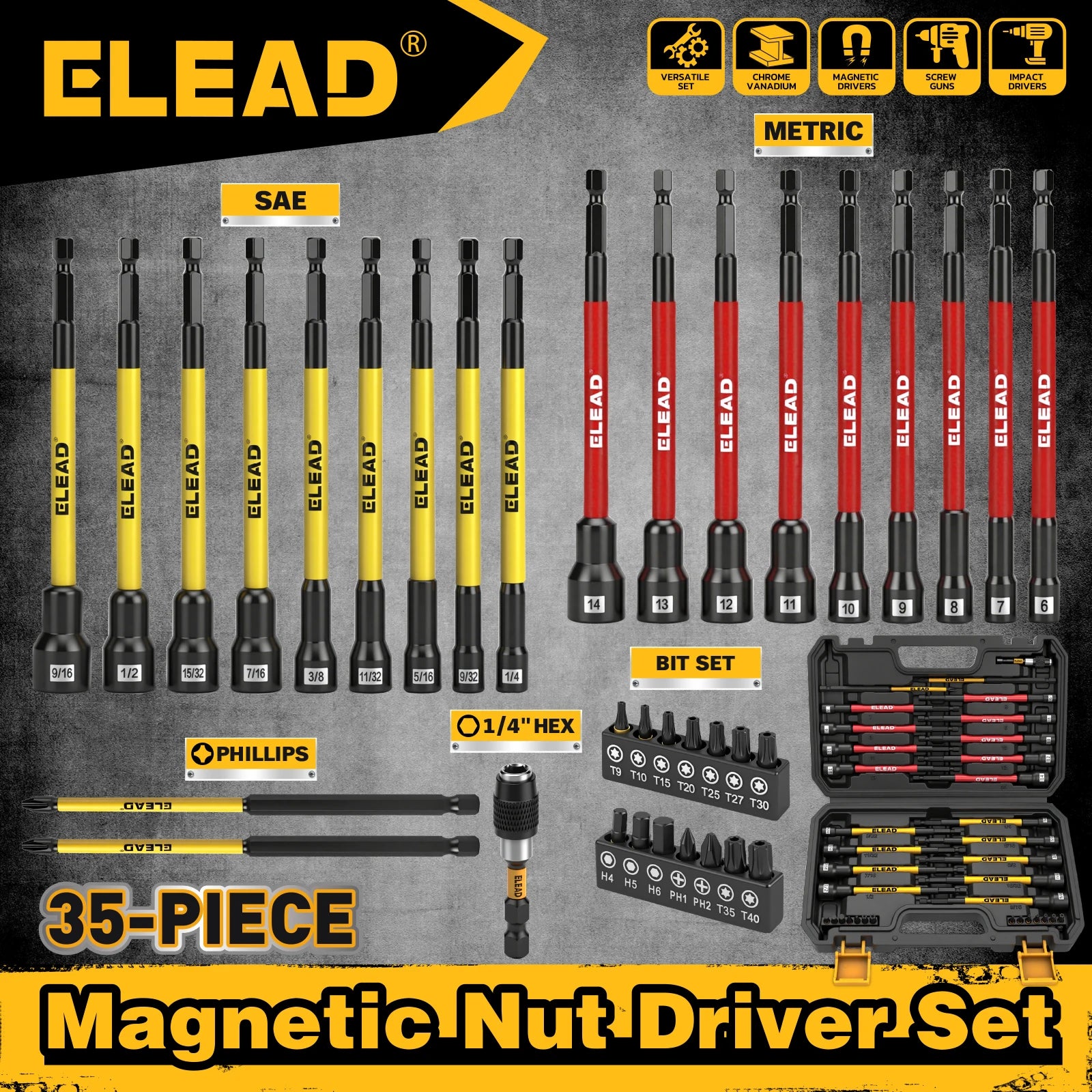 ELEAD 35pc Magnetic Nut Driver Bit Set by ELEAD