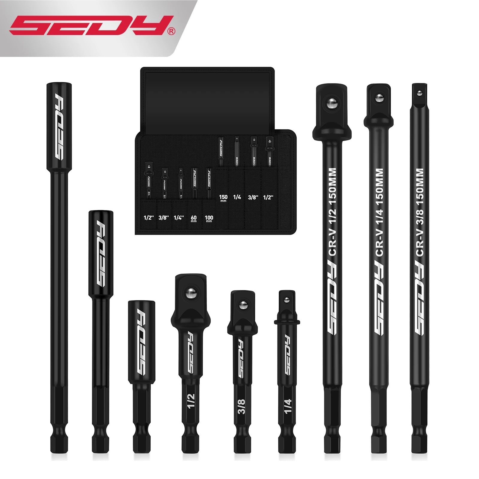 SEDY 9-Piece Impact Socket Adapter Set (1/4", 3/8", 1/2" Drivers +