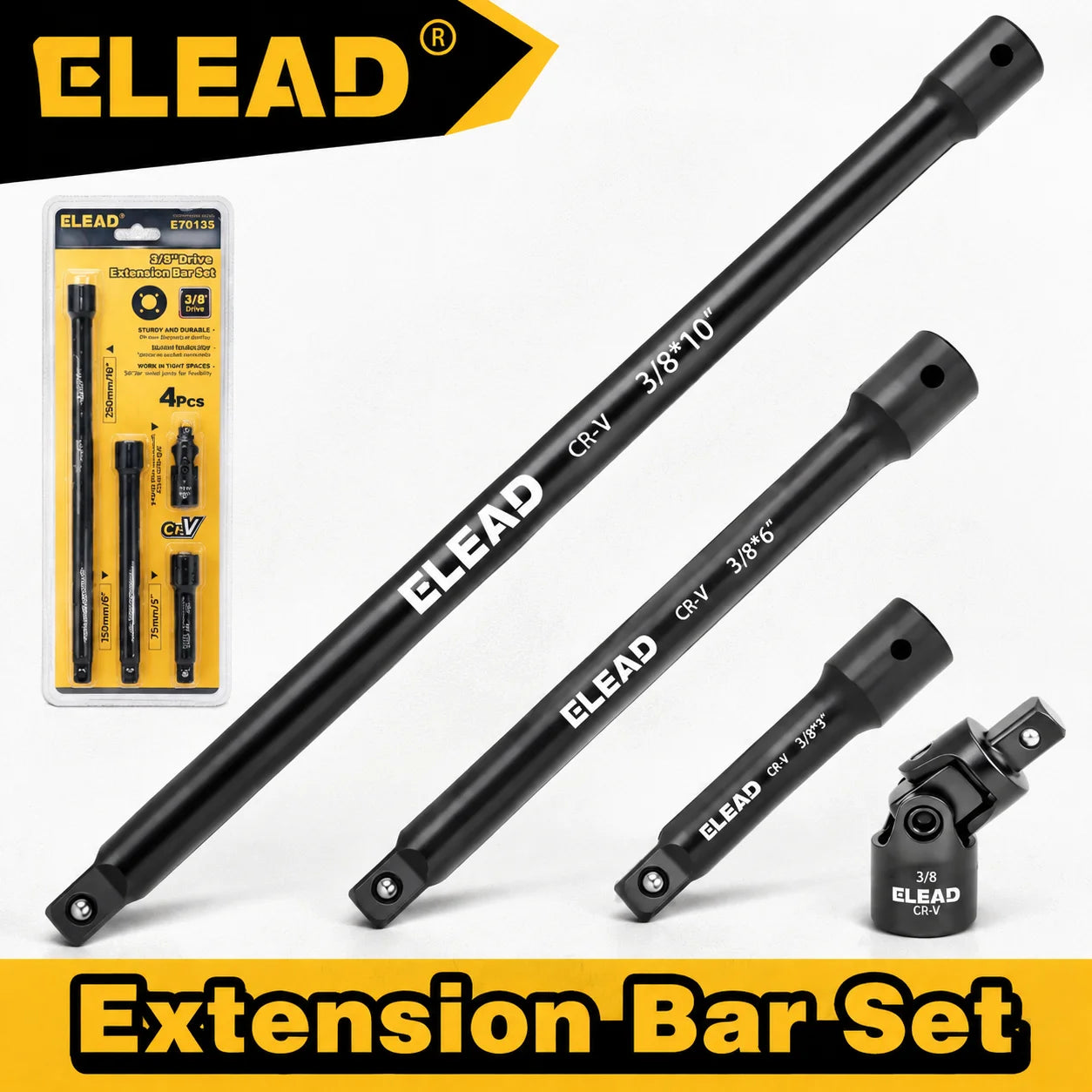 ELEAD 4Pcs 3/8"Drive Socket Extension Bar Set,3/6/10 Inch