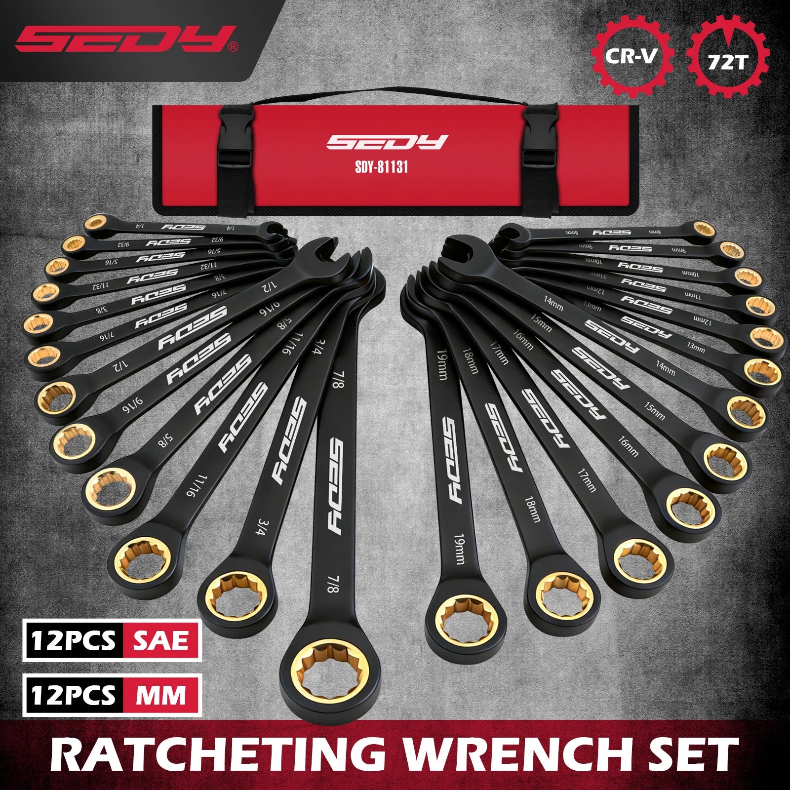 SEDY 24pc Ratcheting Wrench Set 72-Tooth CR-V Steel by SEDY