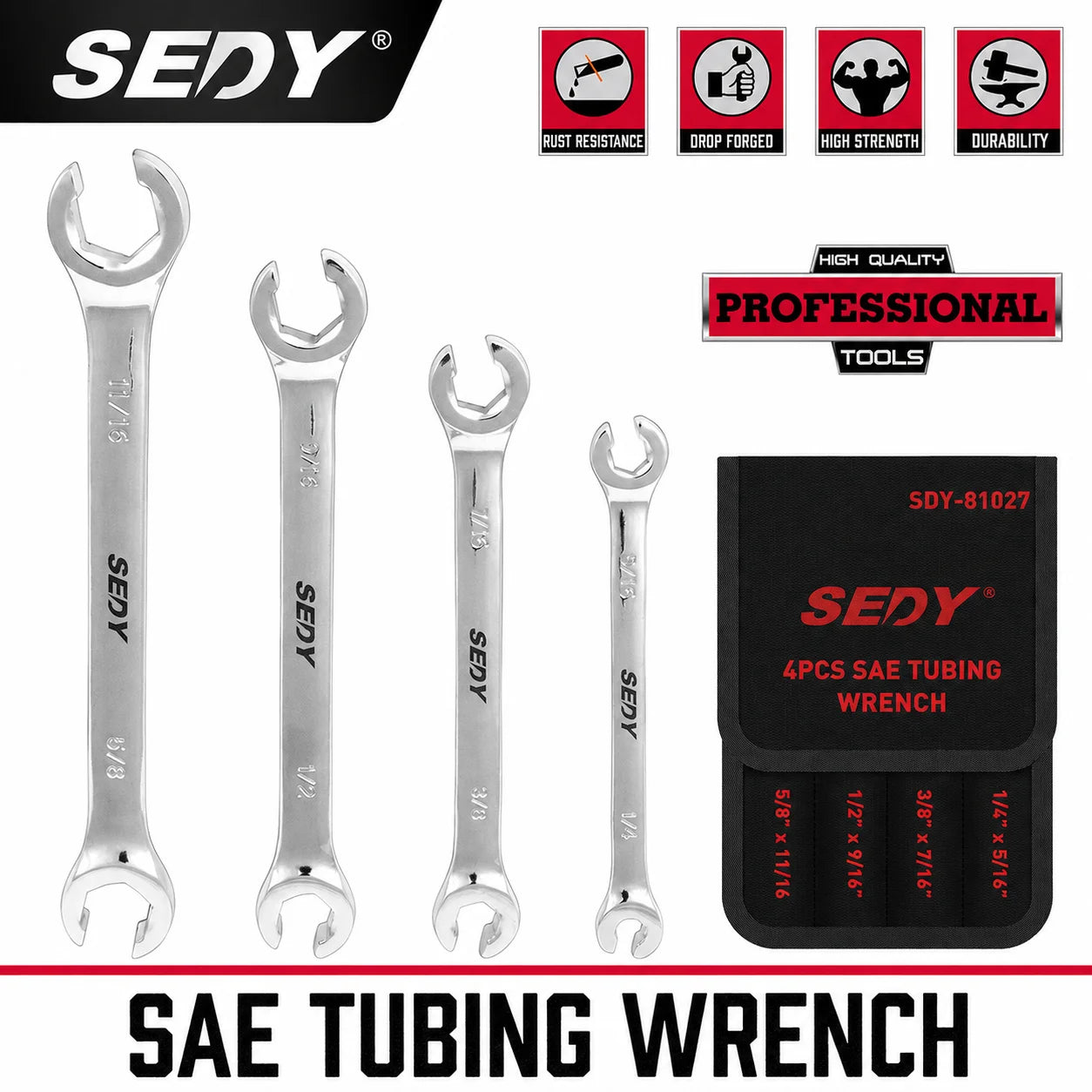 SEDY 4PCS SAE Flare Nut Wrench Set, 1/4"-11/16" Offset Brake Line