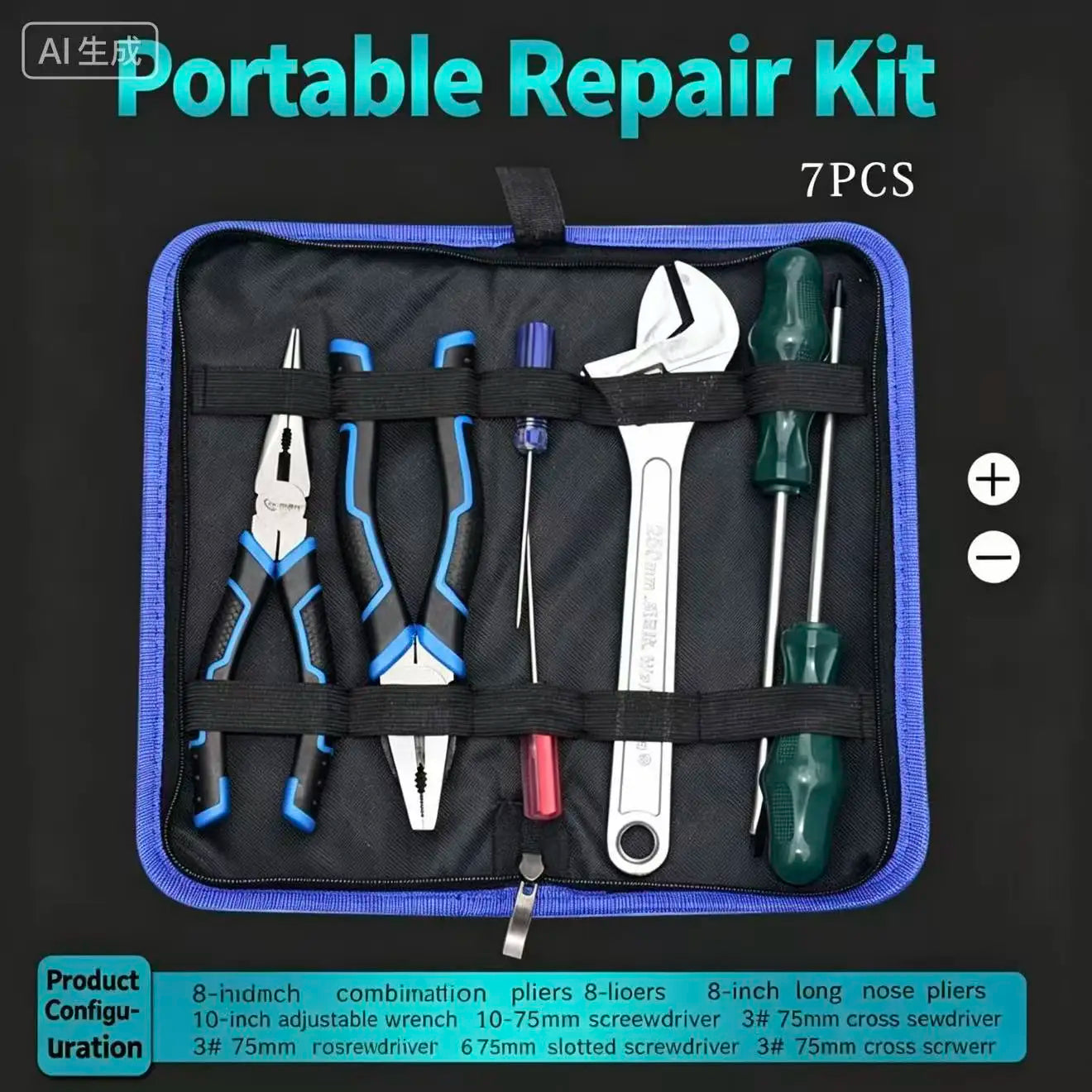 7Pcs Portable Hardware Hand Tool Set with Canvas Bag, 8"Combination Pliers,8"Lon
