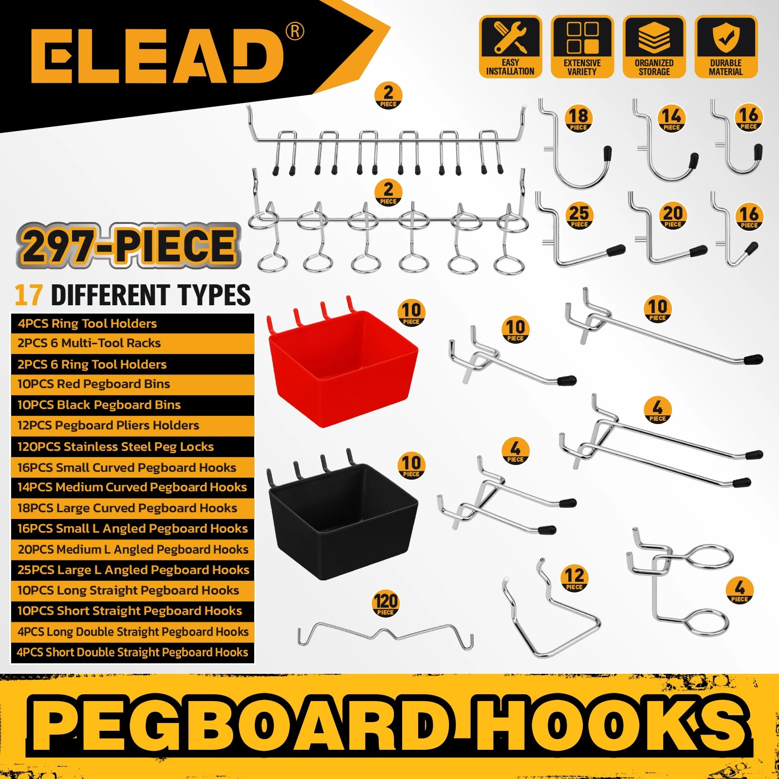 ELEAD 297Pcs Pegboard Hooks, Fits 1/8 & 1/4" Pegboard, Assorted