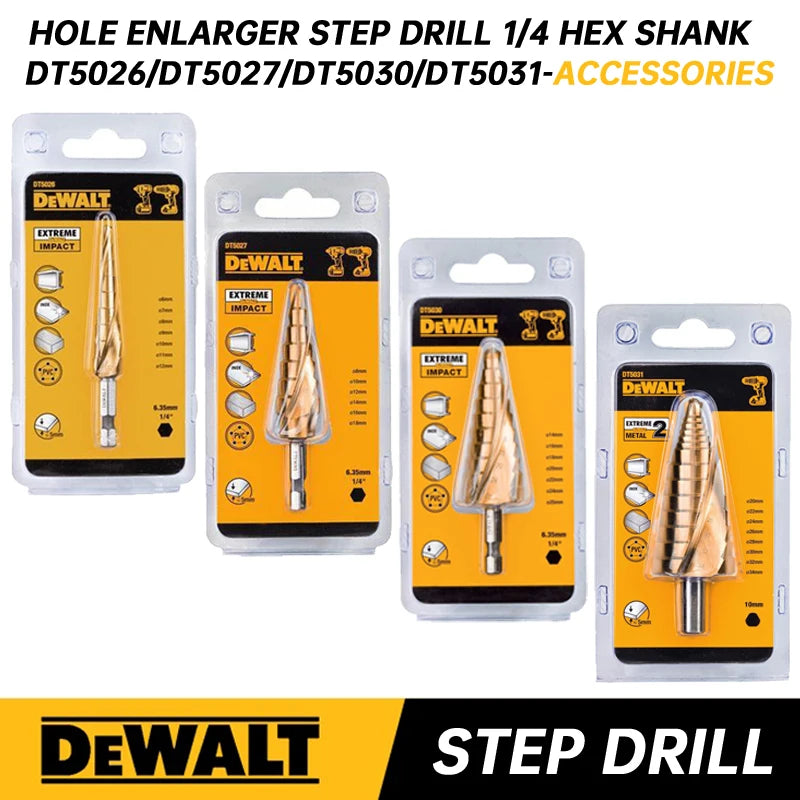 DEWALT Hole Enlarger Step Drill 1/4 Hex Shank Titanium Coated Wood Metal Hole Cu