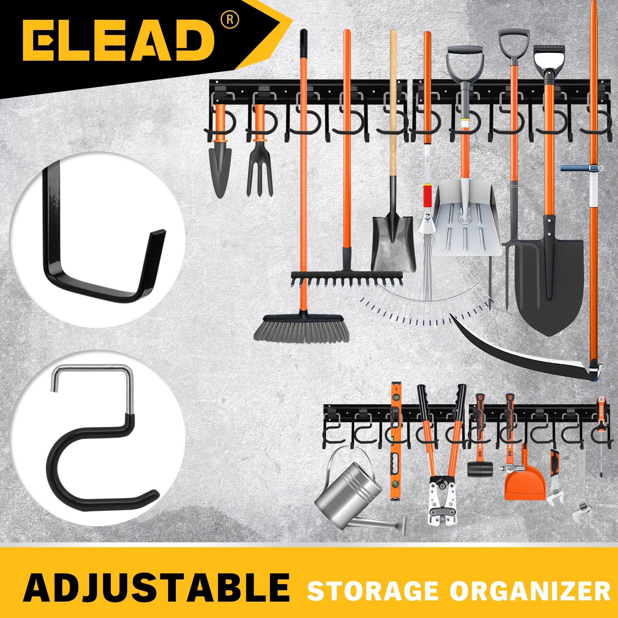 ELEAD Adjustable Garden Tool Organizer Rack with Hooks by ELEAD