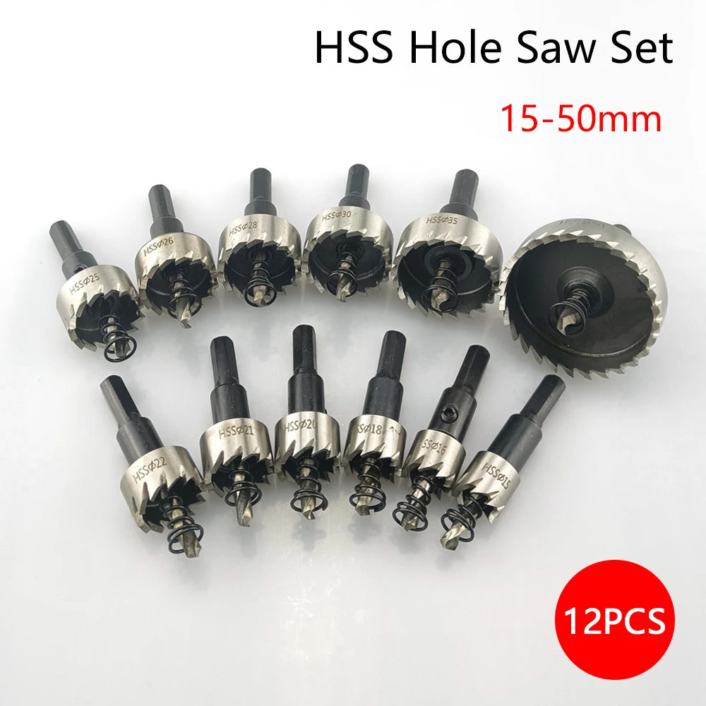 12 Pcs 15-50mm HSS Hole Saw Set High Speed Steel Drill Bit Drilling