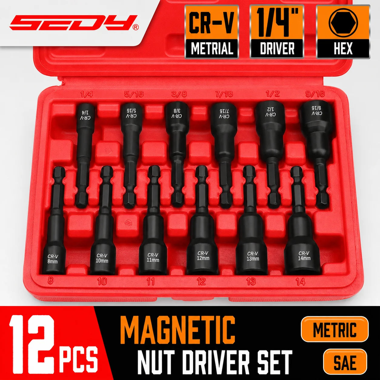 SEDY 12PCS Magnetic Nut Driver Set, Impact Hex Drill Bit, SAE &