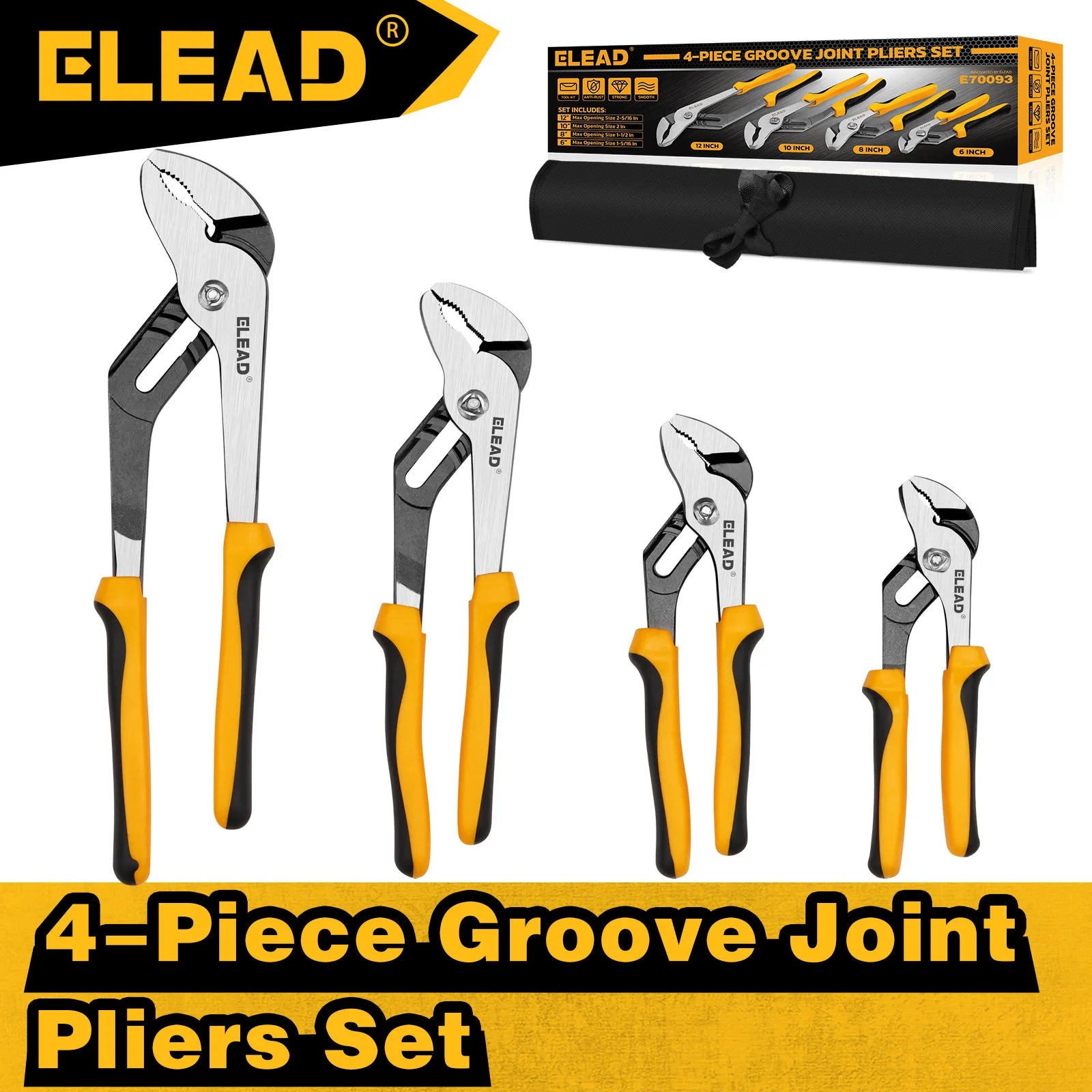 ELEAD 4Pcs Adjustable Groove Joint Water Pump Pliers Set, 6" 8" 10"