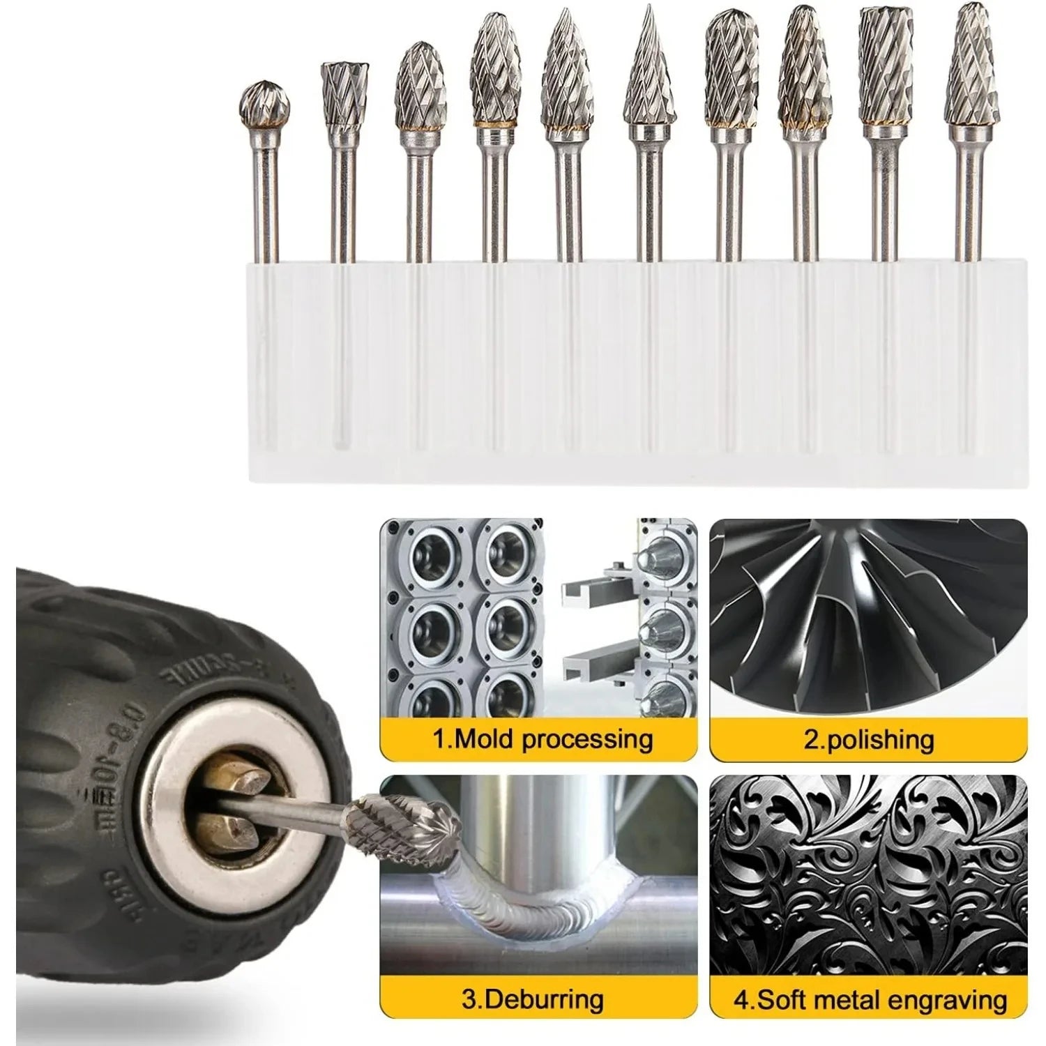 10pcs 3mm Shank Cemented Carbide Milling Cutter Burr Diamond Cut Rotary Dremel T