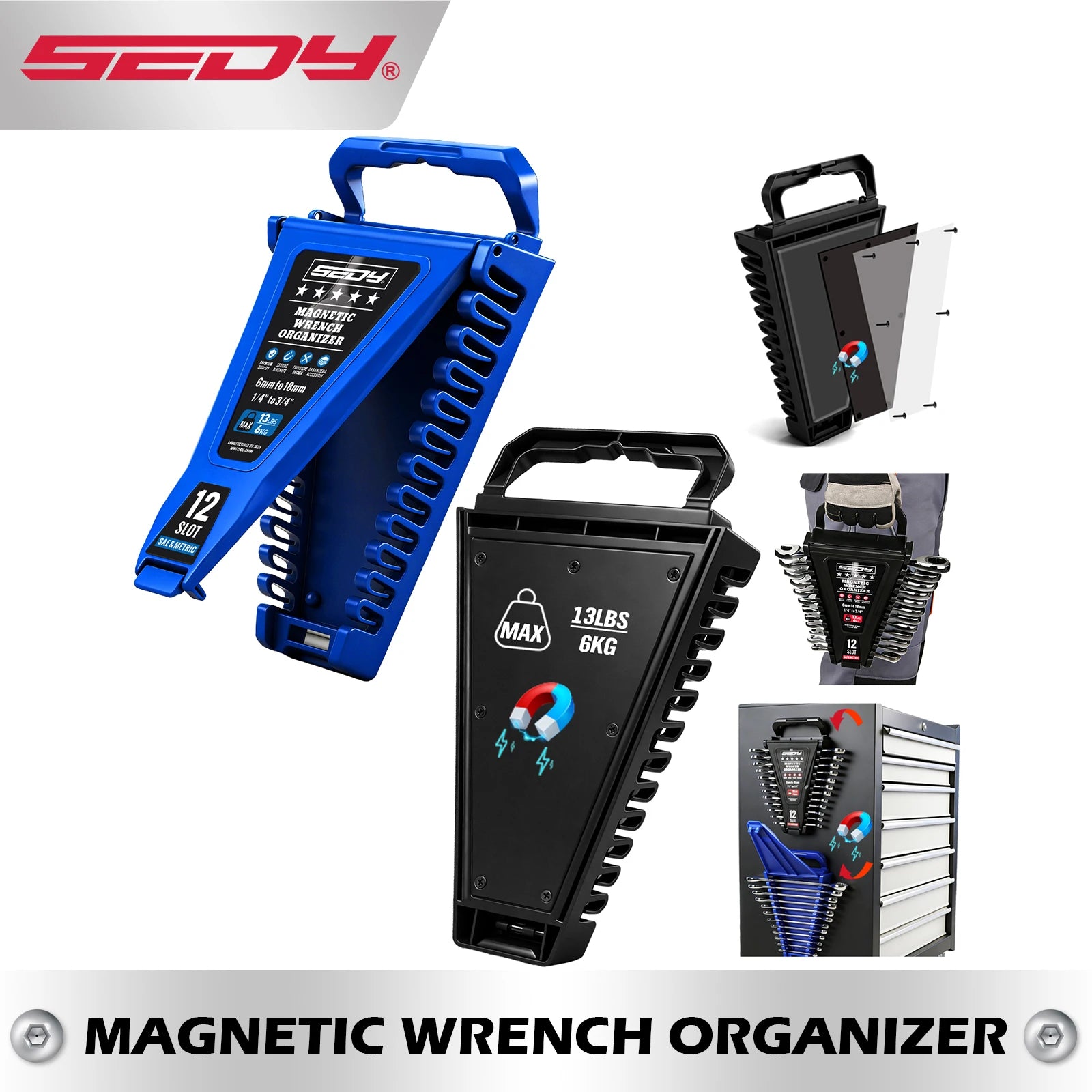 ELEAD 2PC Magnetic Wrench Organizer, 24-Slot Holder with Lock Cover