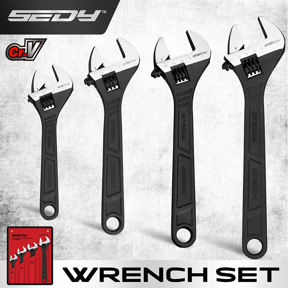 SEDY 4PCS Adjustable Wrench Set, 6/8/10/12 Inch CR-V Steel Spanner