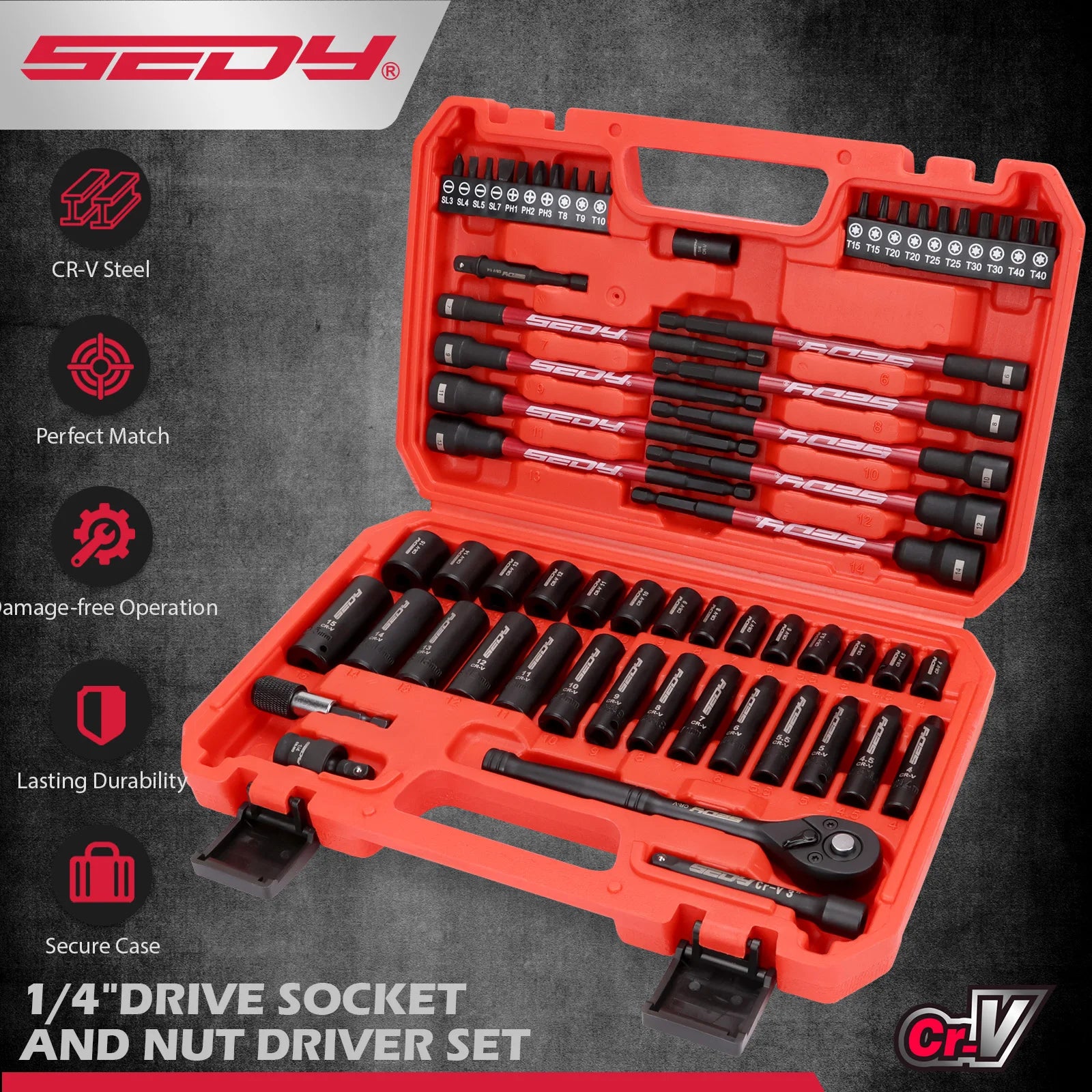 SEDY 63PCS 1/4" Impact Socket Set (4–15mm) + Magnetic Nut Drivers
