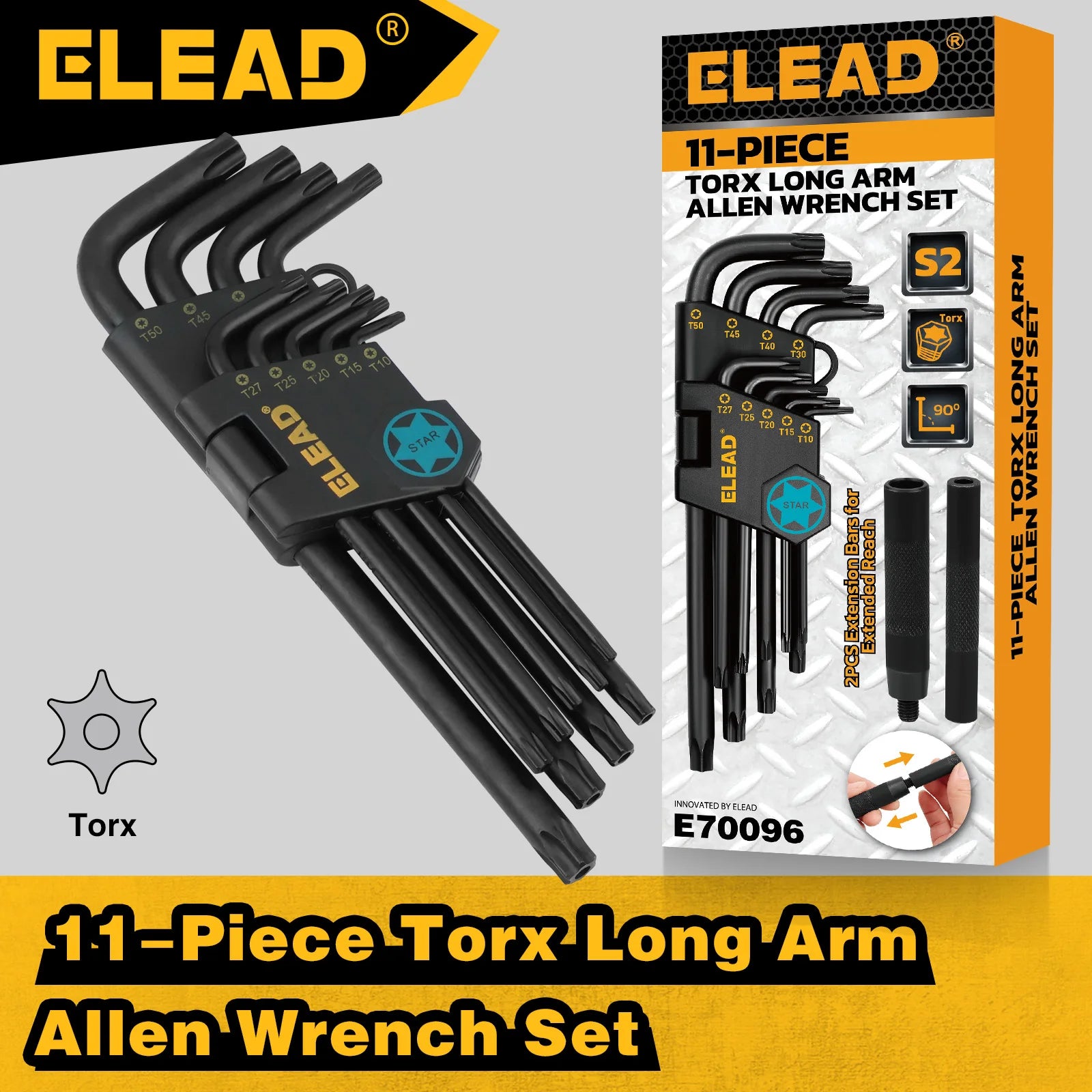 ELEAD 11Pcs Long Arm Torx Key Set T10-T50, S2 Heat Treated Steel Star