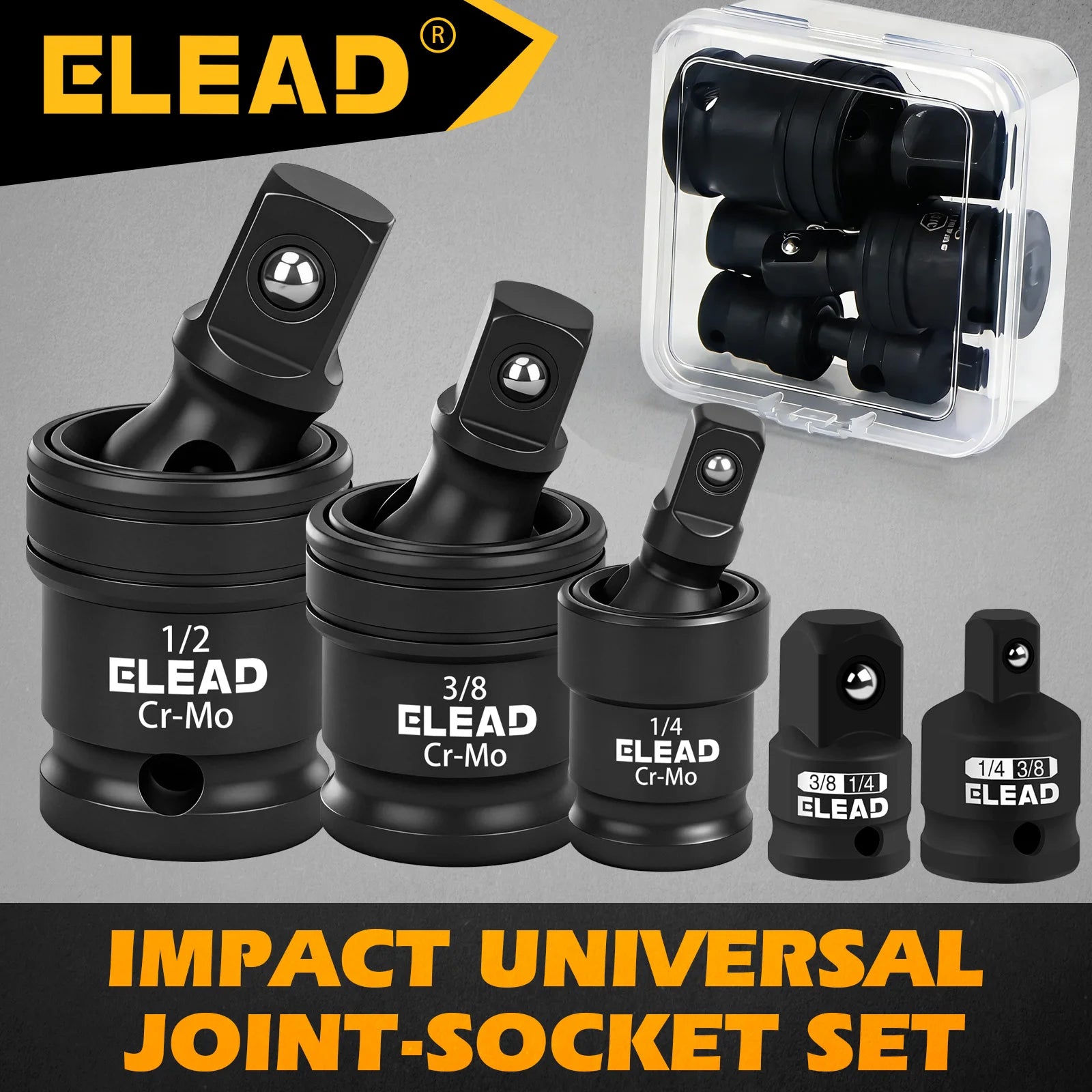 ELEAD 5PC Impact Universal Joint Socket Set,1/4" 3/8" 1/2" Drive 360°