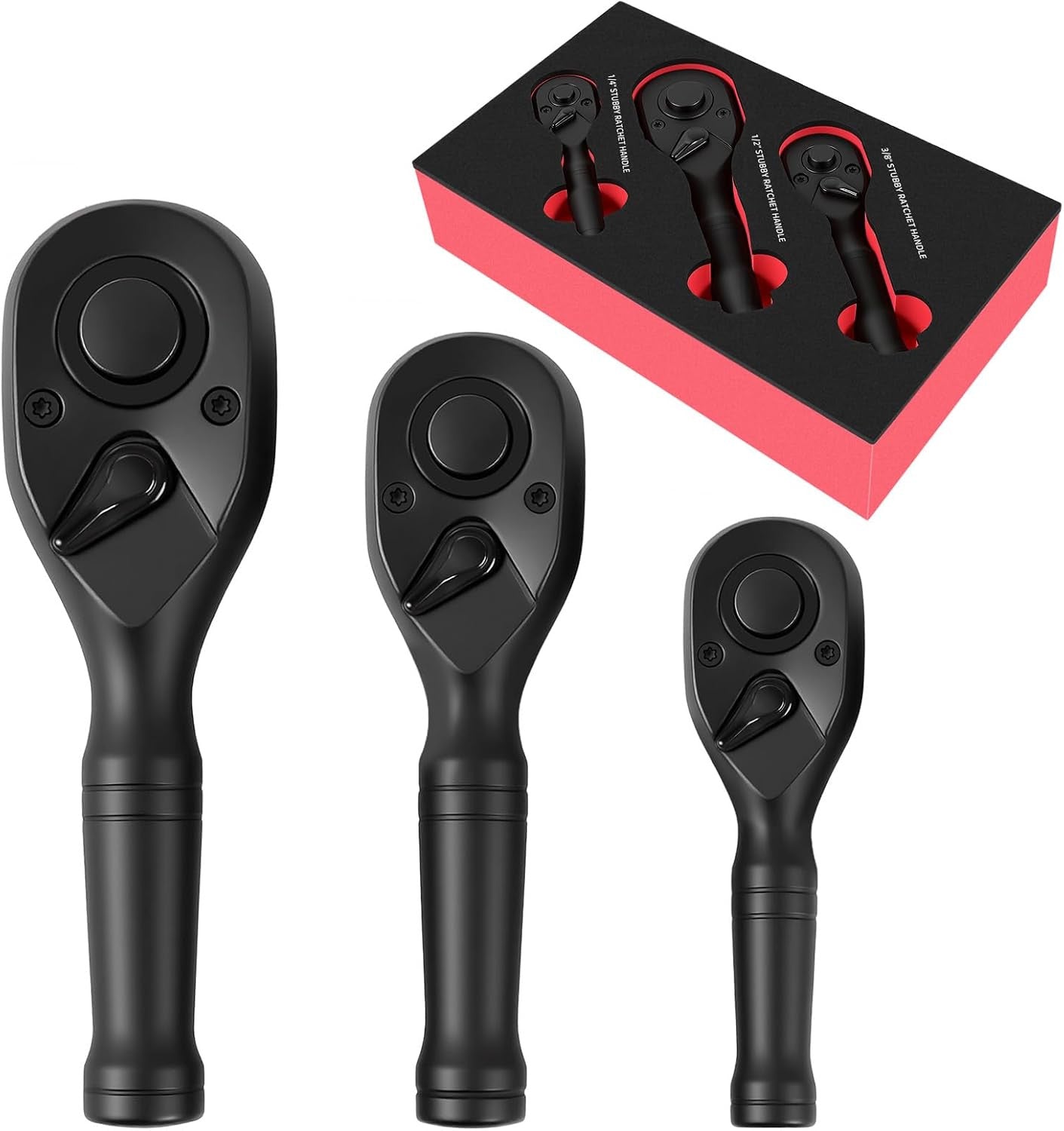 3-Piece Stubby Ratchet Set 1/4" 3/8" 1/2" Drive, 72-Tooth Black