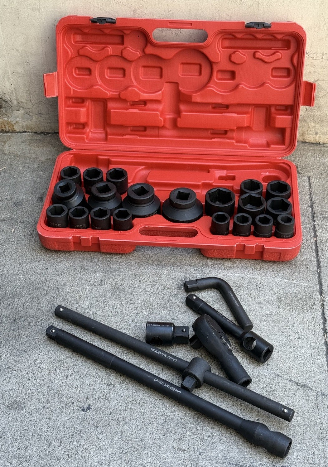 26pcs 3/4" & 1” Dr. Metric 21mm ~65mm 6 point Cr-MO Sockets Ratchet Wrenches Set
