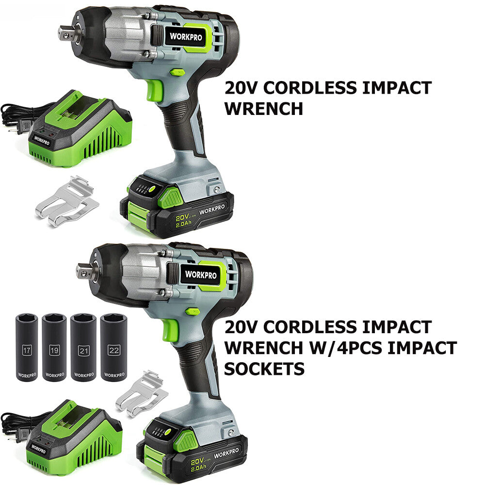 WORKPRO Cordless Impact Wrench 20V 2.0Ah Battery with 4PCS D