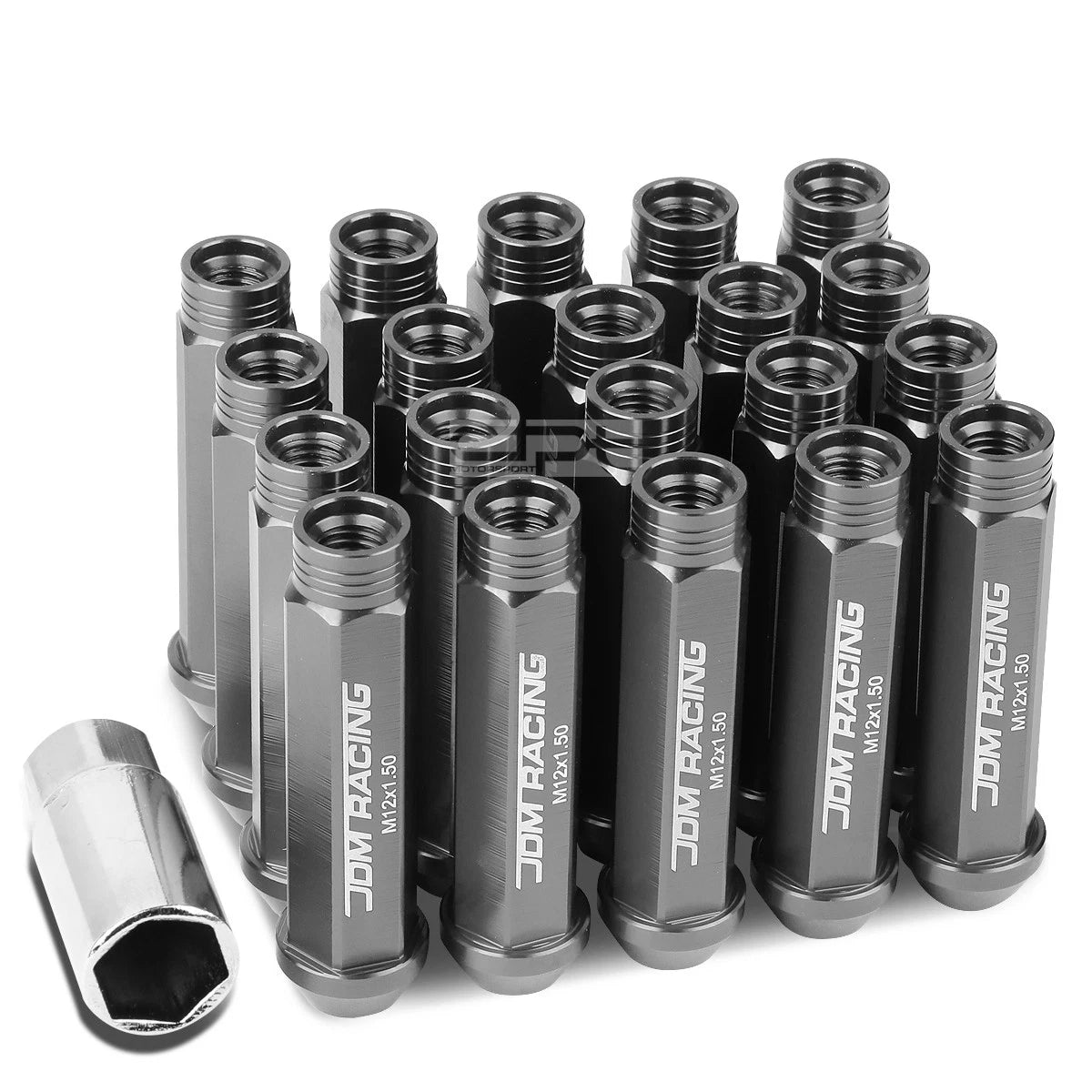 20 Open End M12x1.5 90mm Tall 25mm Od Gun Metal Aluminum Jdm Lug