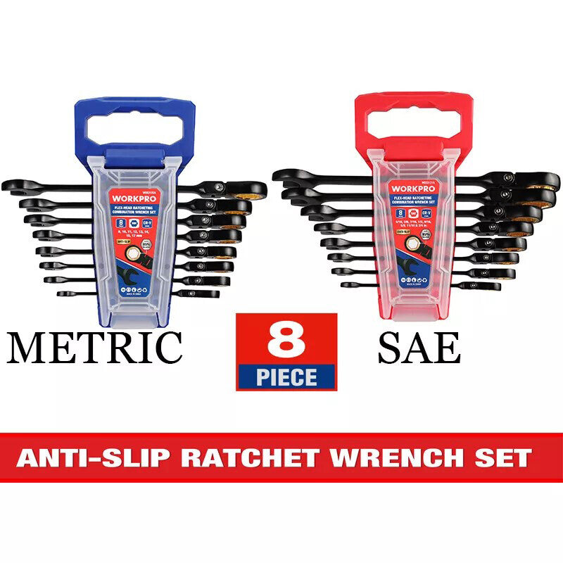 WORKPRO 8PCS Flex Head Ratcheting Wrench Set SAE/Metric Anti-slip Rack