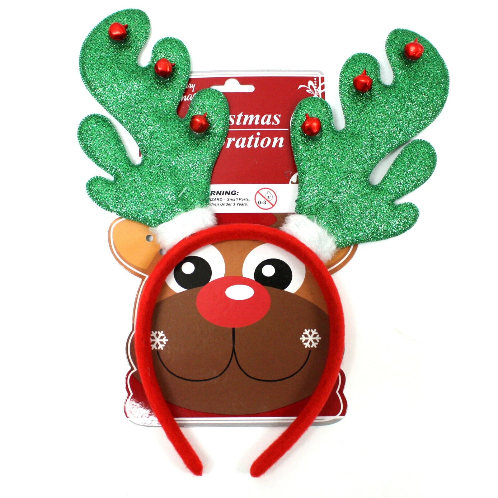 Green Glitter Reindeer Headband Bells Christmas Holiday Antler