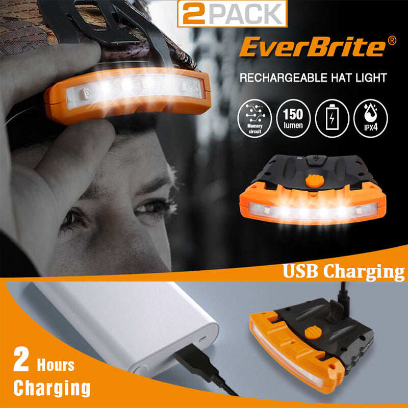 2 Pack Rechargeable Hat Light Waterproof Clip on Cap Light w/Memory
