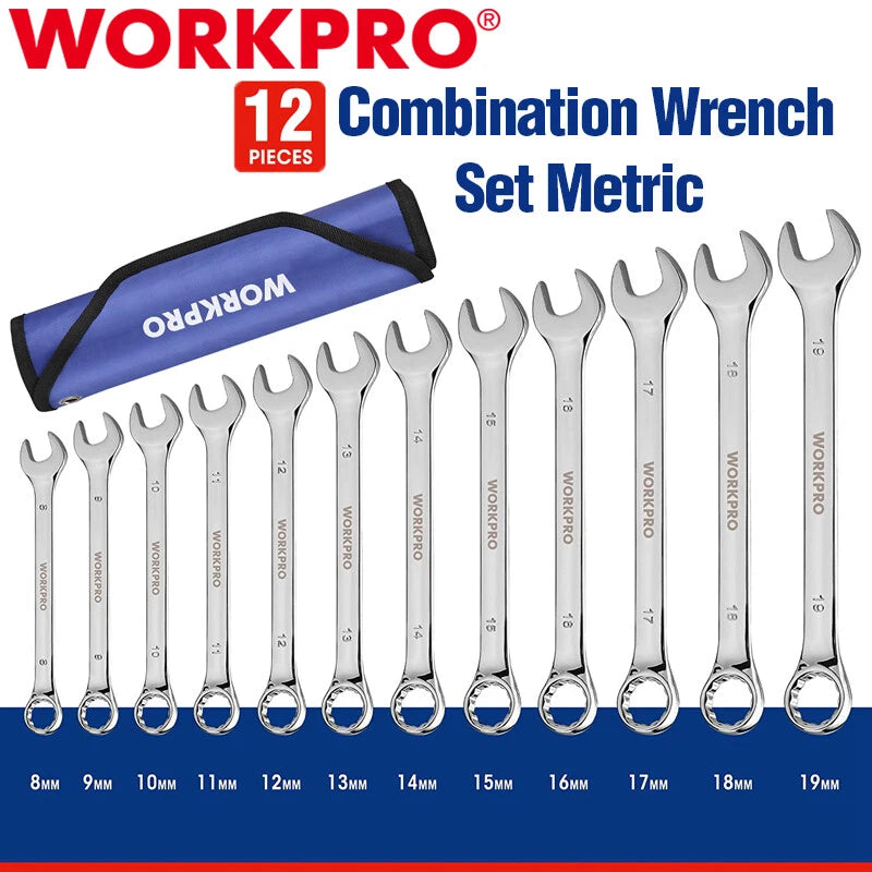 WORKPRO 12PCS Premium Combination Wrench Set 8-19mm Metric 12PT Wrench Set w/Bag
