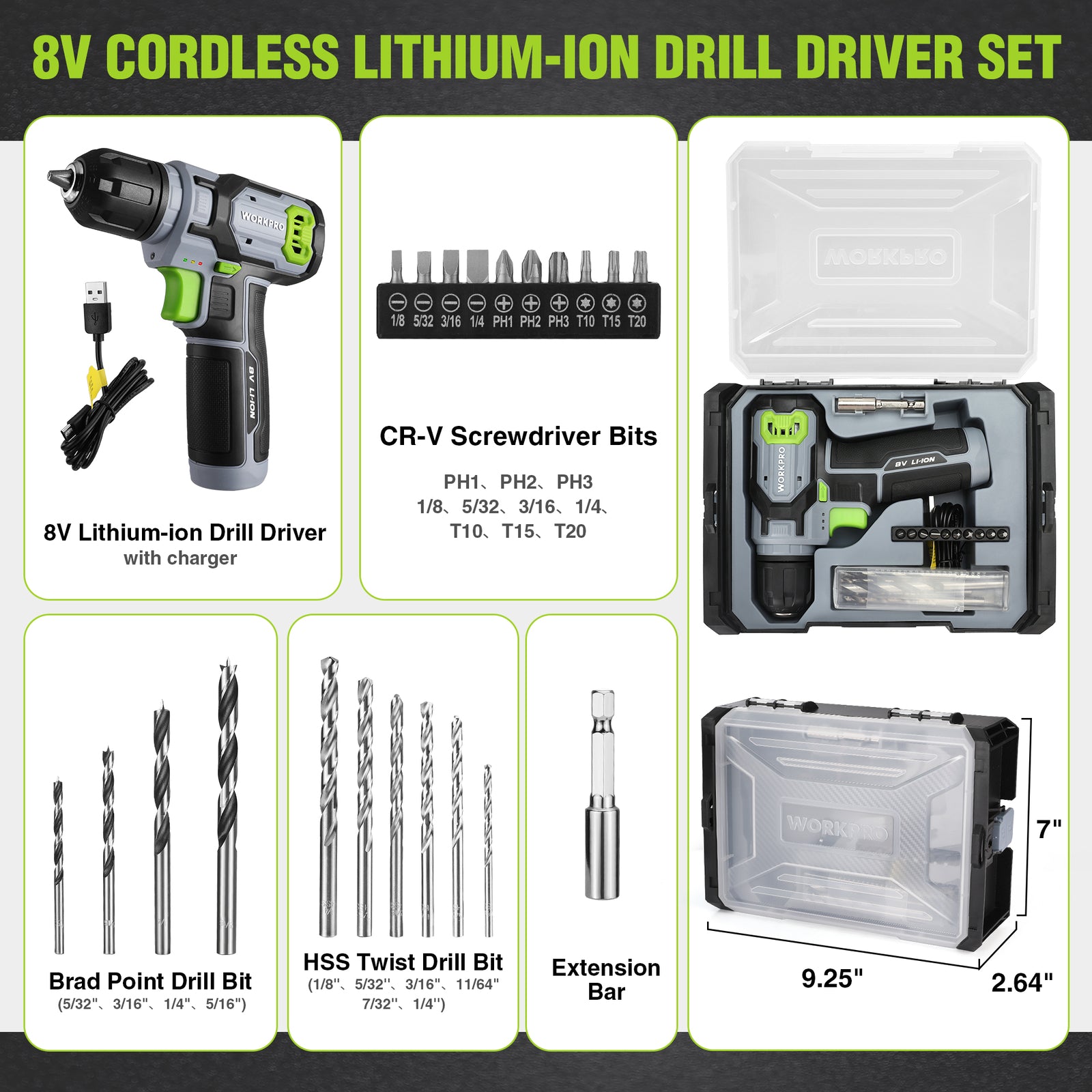8V Cordless Power Drill Set