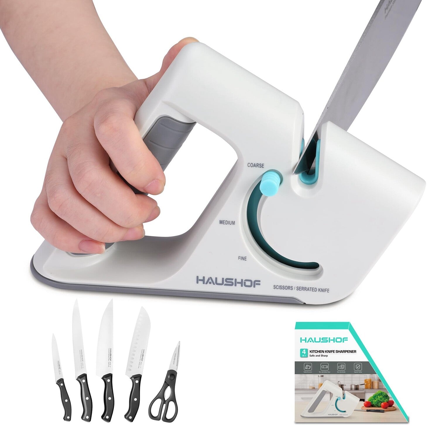 HAUSHOF 4-in-1 Kitchen Knife Sharpener Premium 4-Stage Kitchen Gadgets