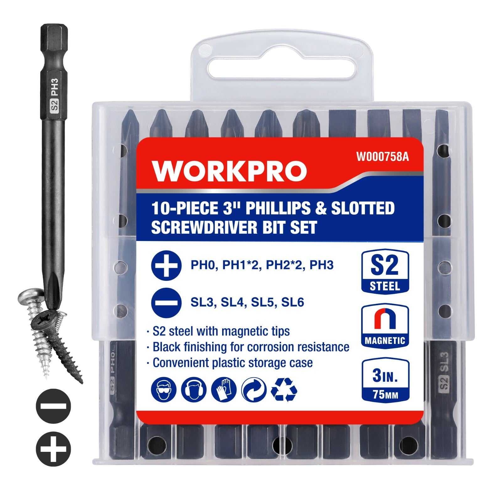 WORKPRO 10pc Slotted Phillips Screwdriver Bit Set by WORKPRO