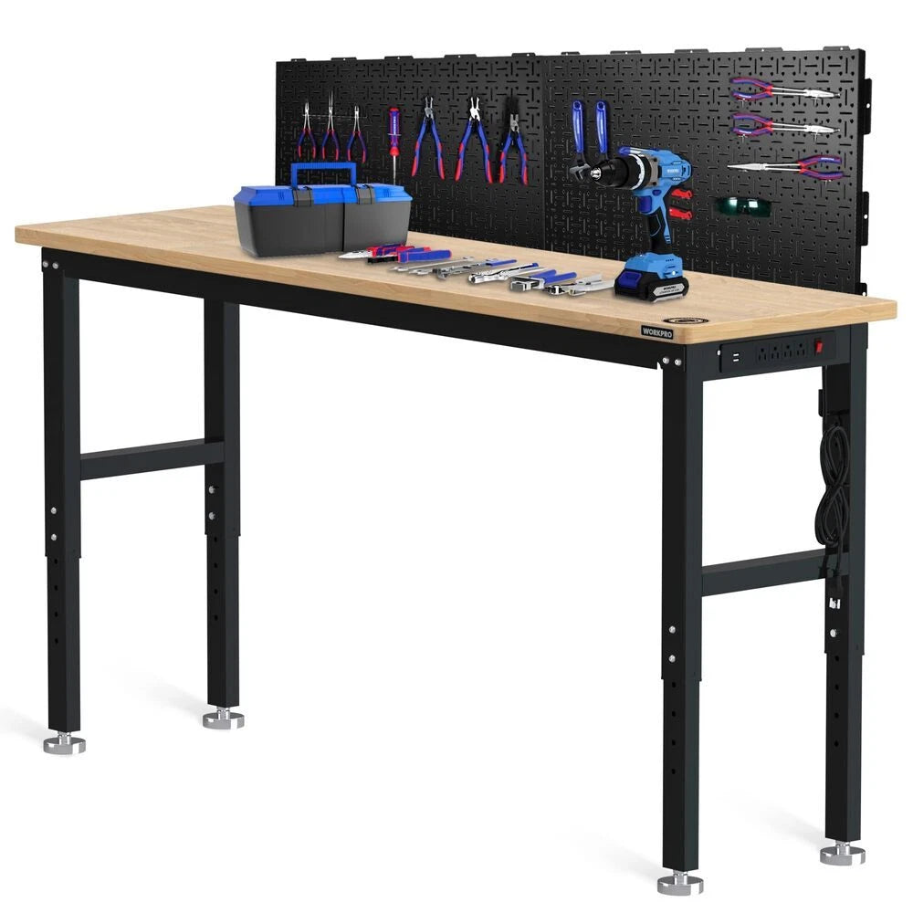 Workpro 72" Adjustable Workbench Rubber Wood Top With 16"x32" Metal