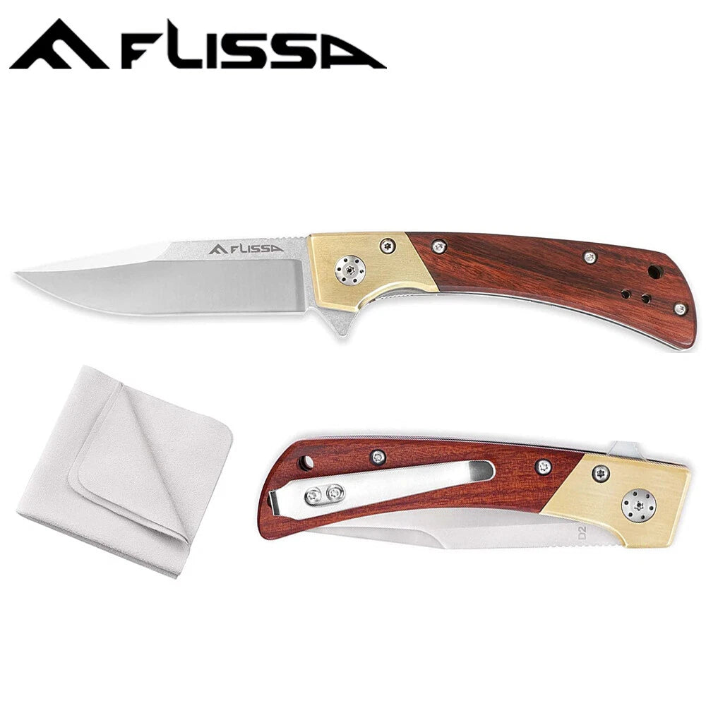 Flissa Pocket Folding Knife D2 Steel Ball Bearing Elegant Copper Wood