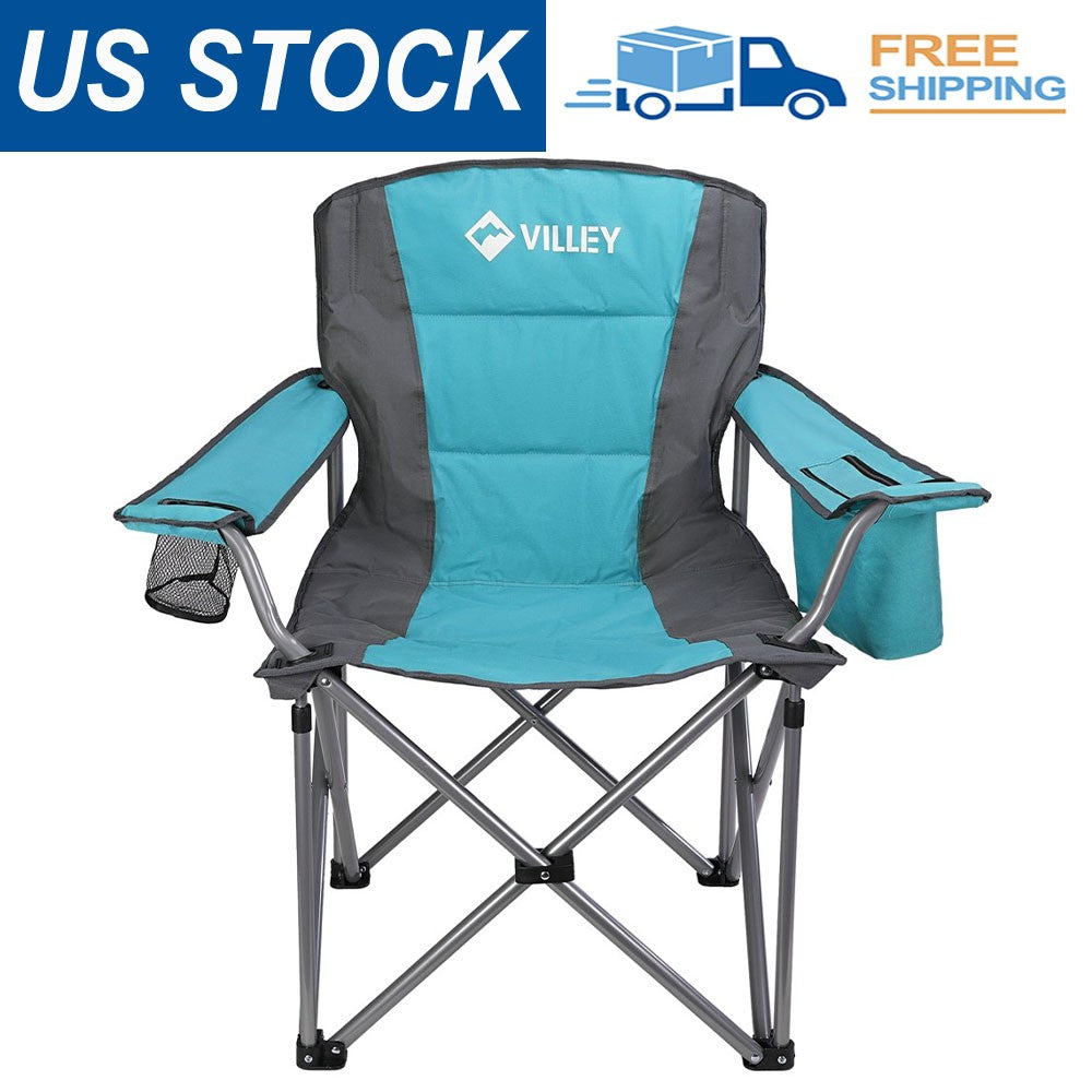 VILLEY Oversized Folding Camping Chair Outdoor Chair w/ Padded Seat Cooler Bag