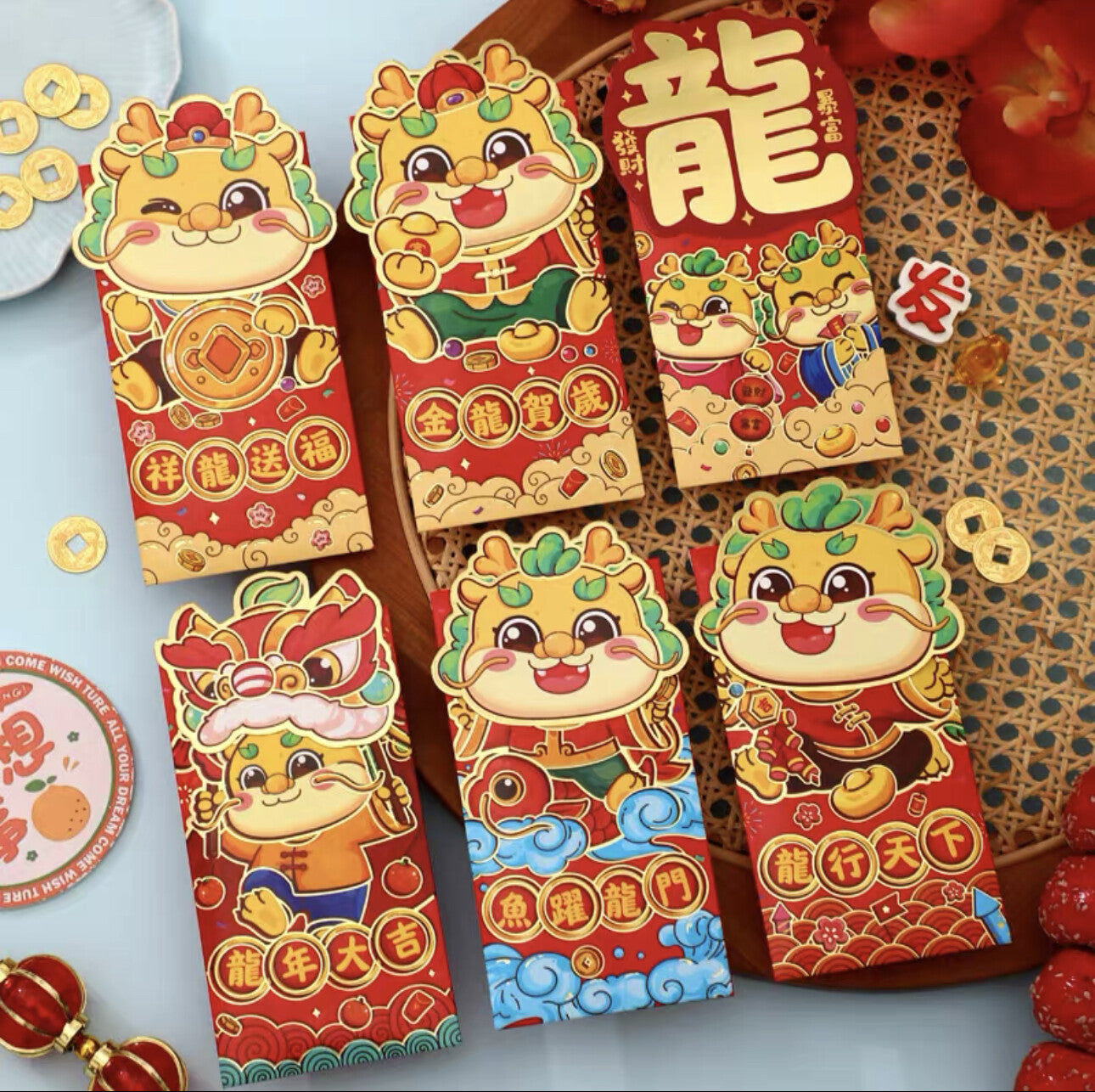 Set of 6 Chinese New Year of Dragon Red Envelope Lucky Money Bag