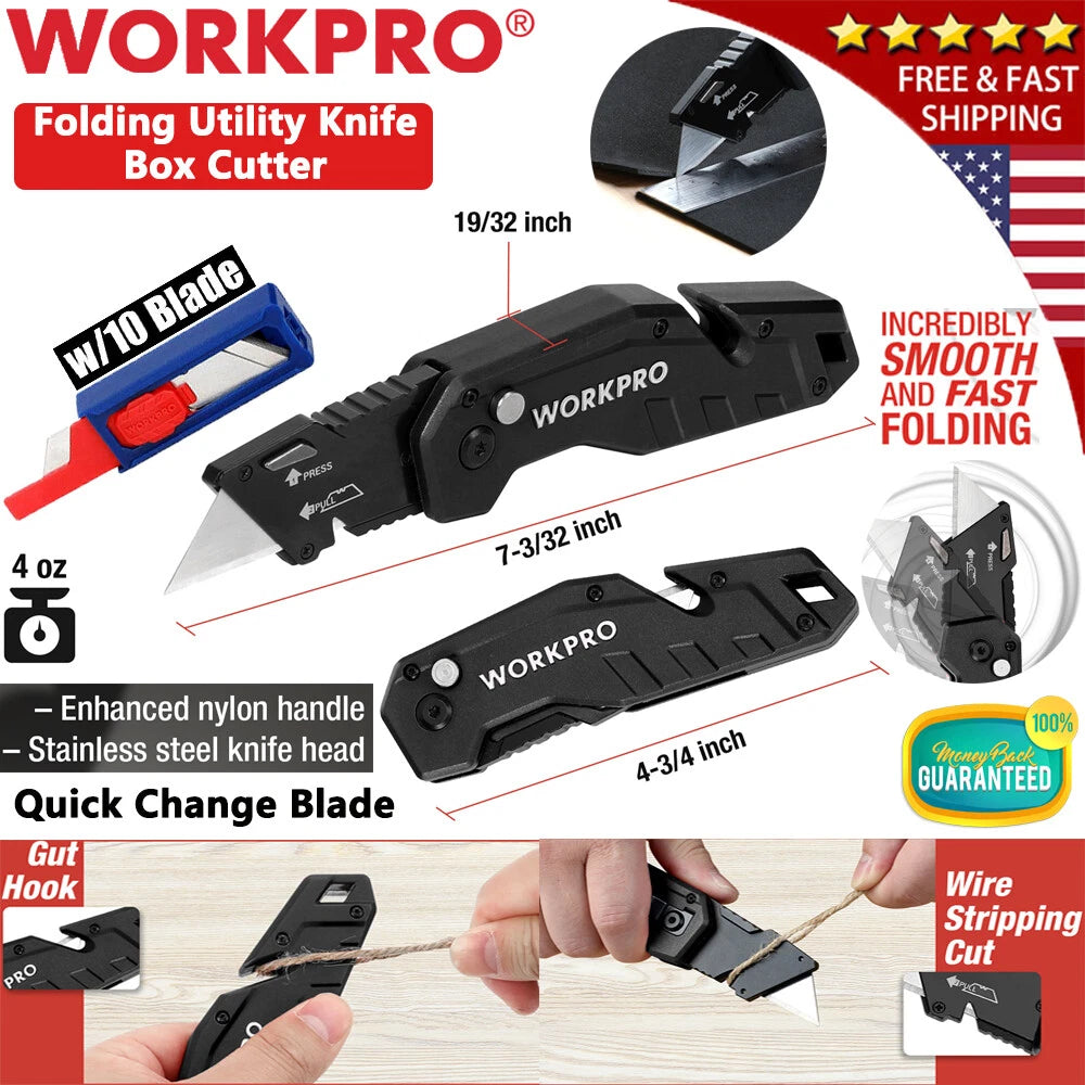 Workpro Folding Utility Knife Quick Change Blades Pocket Knife W/10