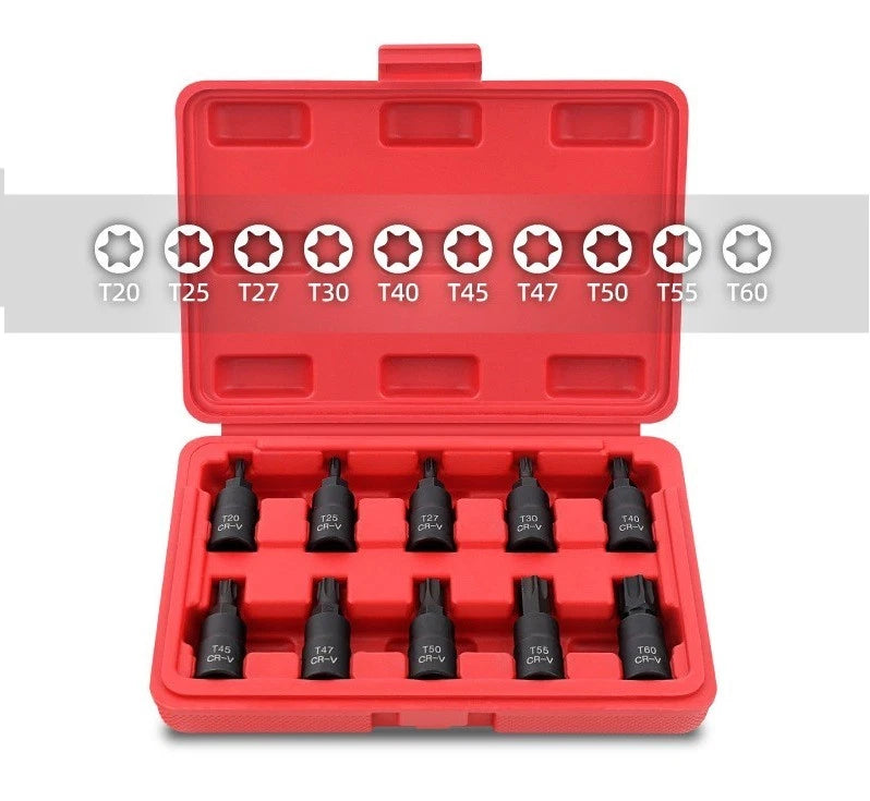 10pc 3/8" Dr. 48mmL S2 Steel Torx Star Socket:T20,T25<wbr/>,T27,T30,T40,T<wbr/>45,T47,-T60