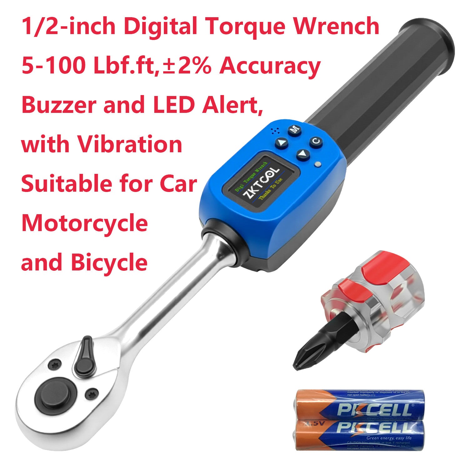 1/2” Digital Torque Wrench (6.8-135NM/5-100 Lbf.ft) ,±2% Accuracy with