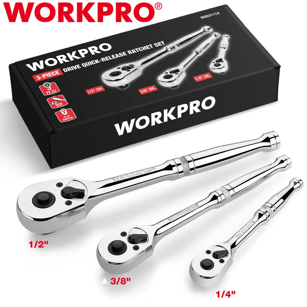 WORKPRO 3PCS Ratchet Set 72-Tooth 1/4" 3/8" 1/2" Dr Quick Release Ratchet Handle