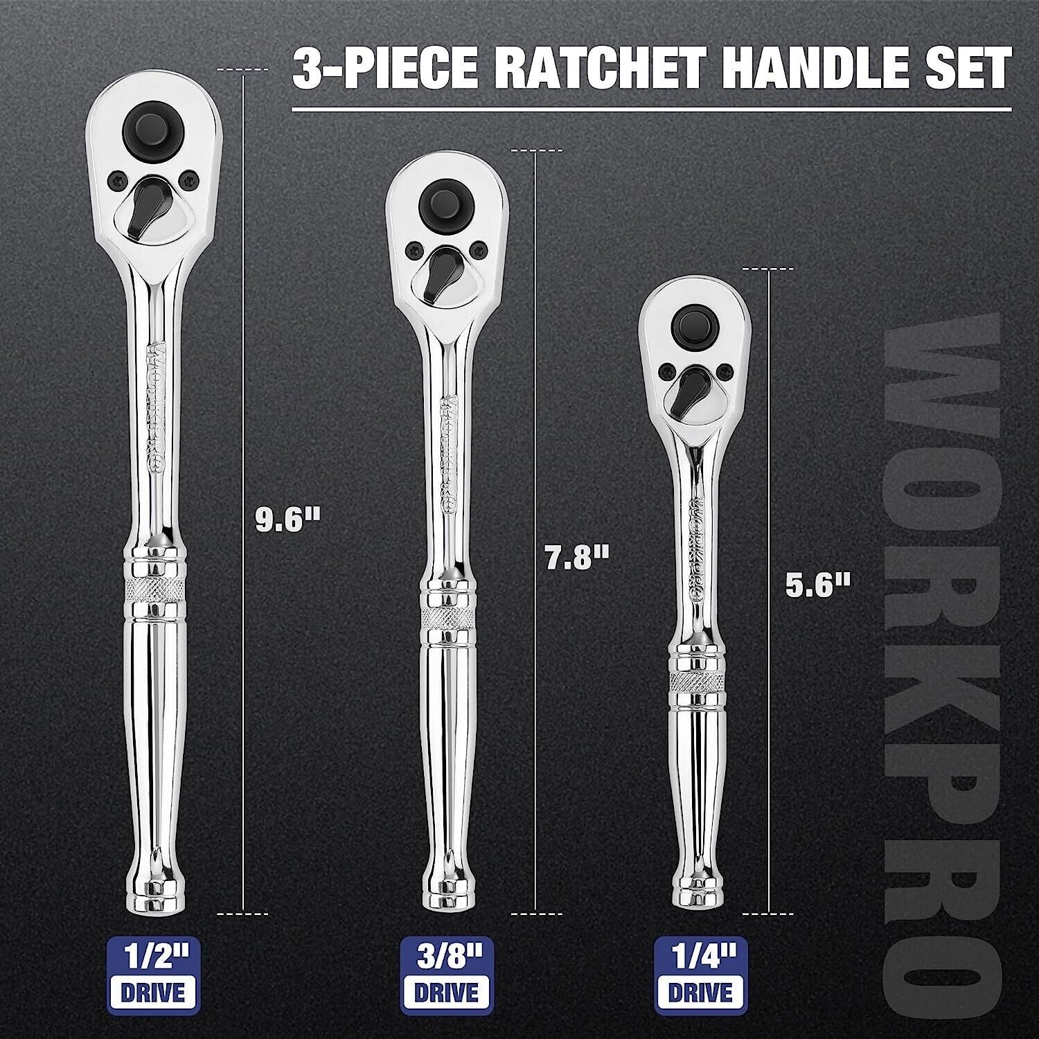 WORKPRO 3PCS Ratchet Set 1/4" 3/8" 1/2" Drive Quick Release 72-Tooth by WORKPRO