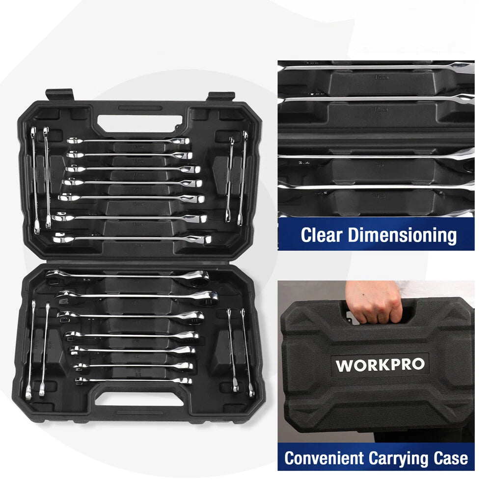 22PCS Ratcheting Combination Wrenches Metric 6-18mm SAE 1/4-3/4" w/Organizer Box