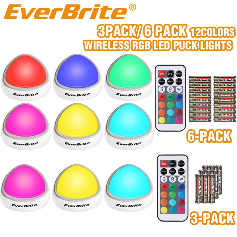 EverBrite Tap Light LED Puck Light Wireless Push Lights 12 RGB Color 6Pack/3Pack