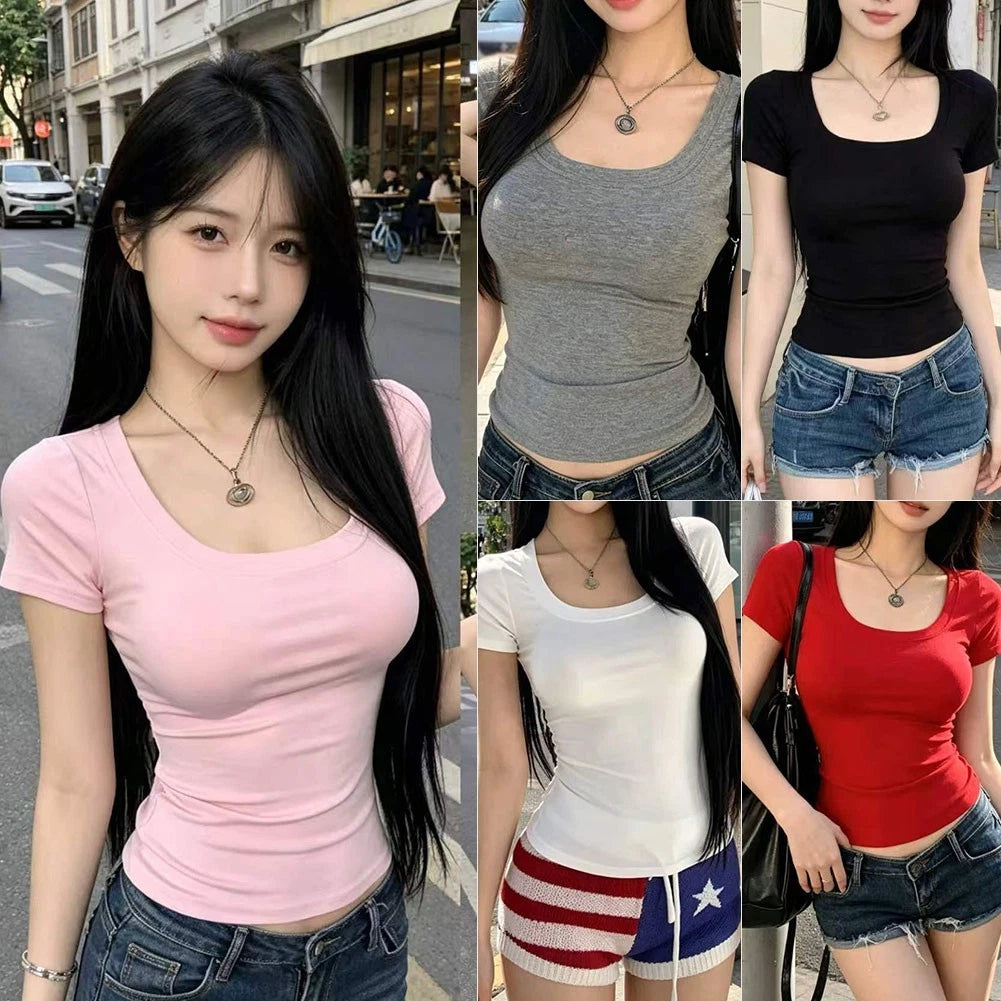 Skinny Fit Solid Color Women's Short Sleeve U-neck Top Polyester Blend
