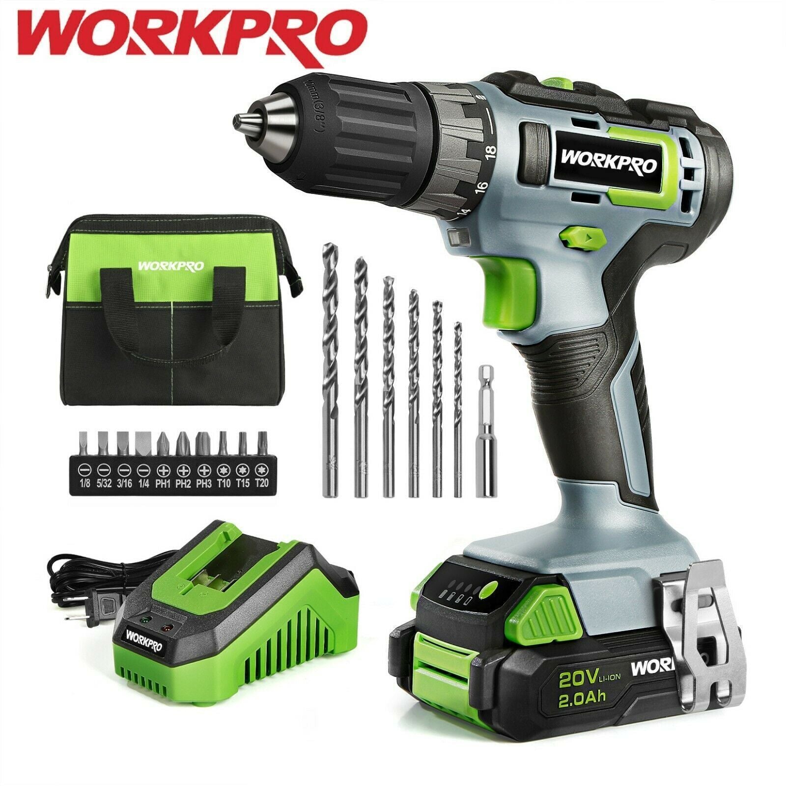 WORKPRO 20V Cordless Drill Driver Kit Keyless Chuck Storage Bag&2.0Ah Battery