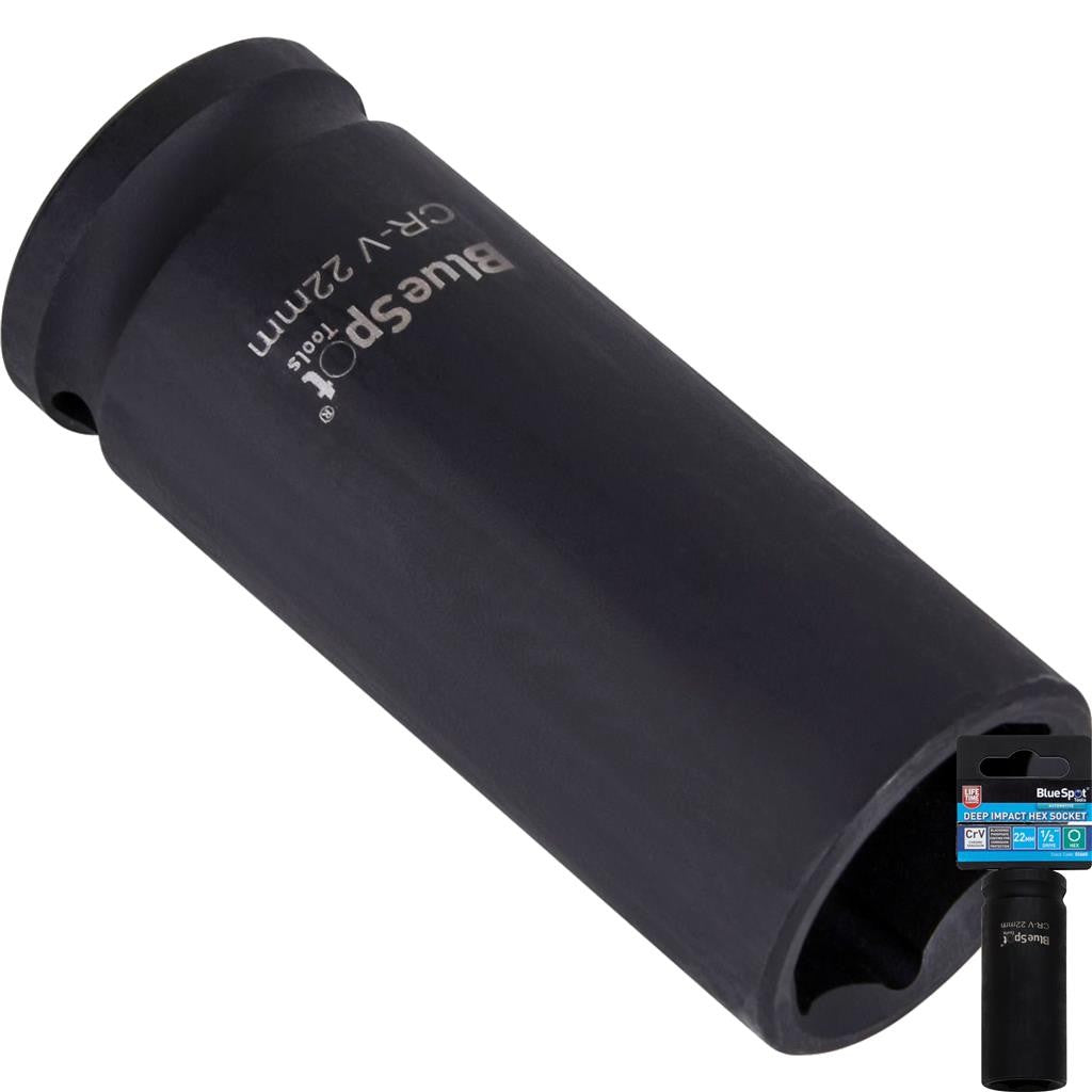 Bluespot 22mm Deep Socket Impact Hex 6 Point Single Crv Steel 1/2"