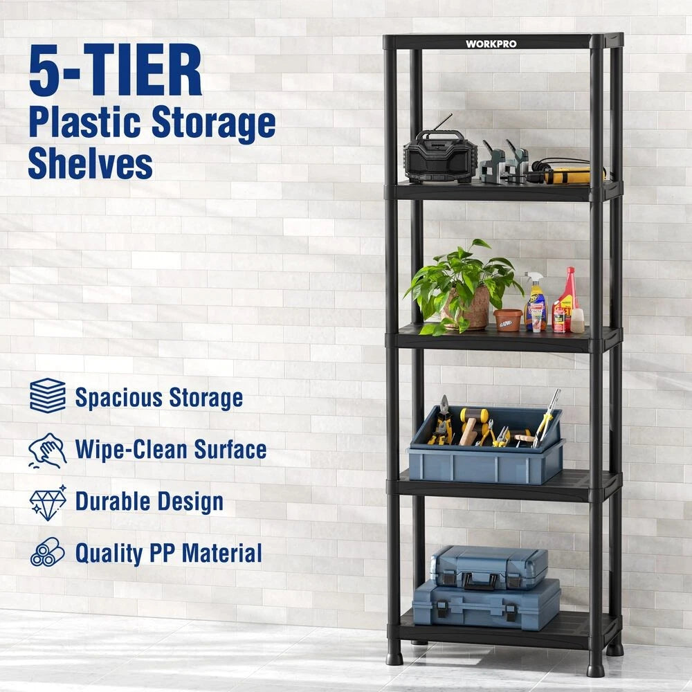 WORKPRO 67" 5-Tier Plastic Storage Shelving Unit 500lb Capacity Screw Free Shelf