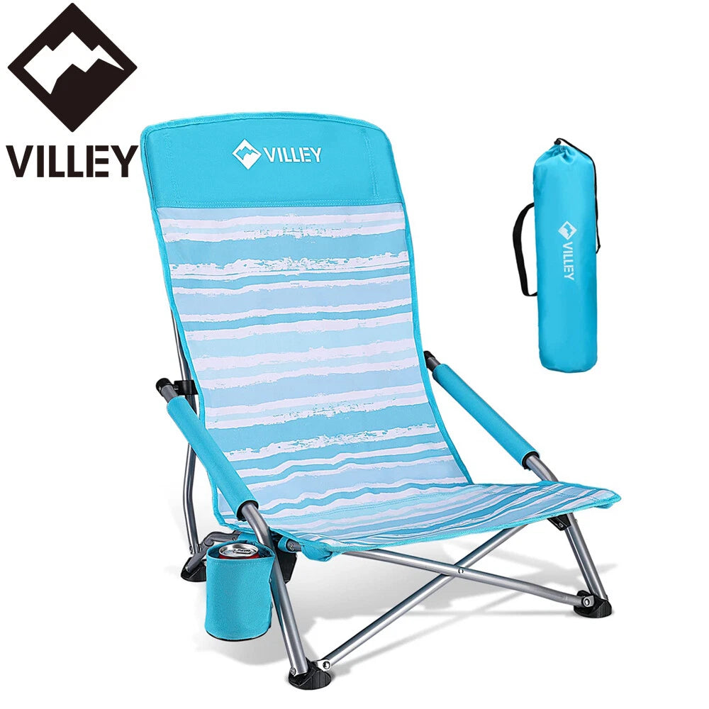 Villey Low Beach Chair High Back Folding Beach Chair Blue W/cup