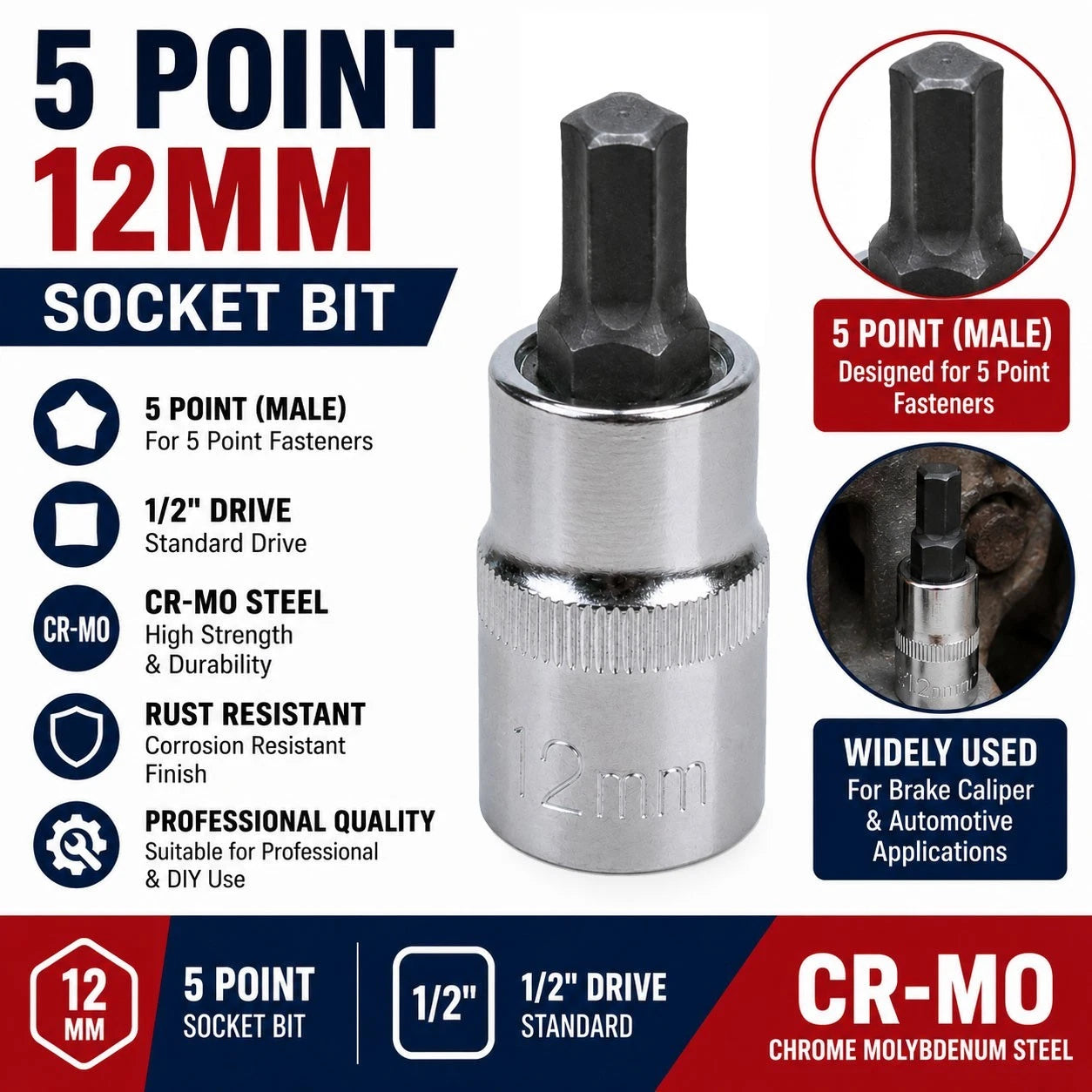 12mm 5pt Points Pentagon Brake Caliper Hex Security Socket Bit 1/2"