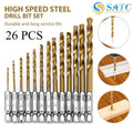 26PCS Titanium Metal HSS-G M2 Twist Drill Bit Set 1/16"-1/4" Hex Shank