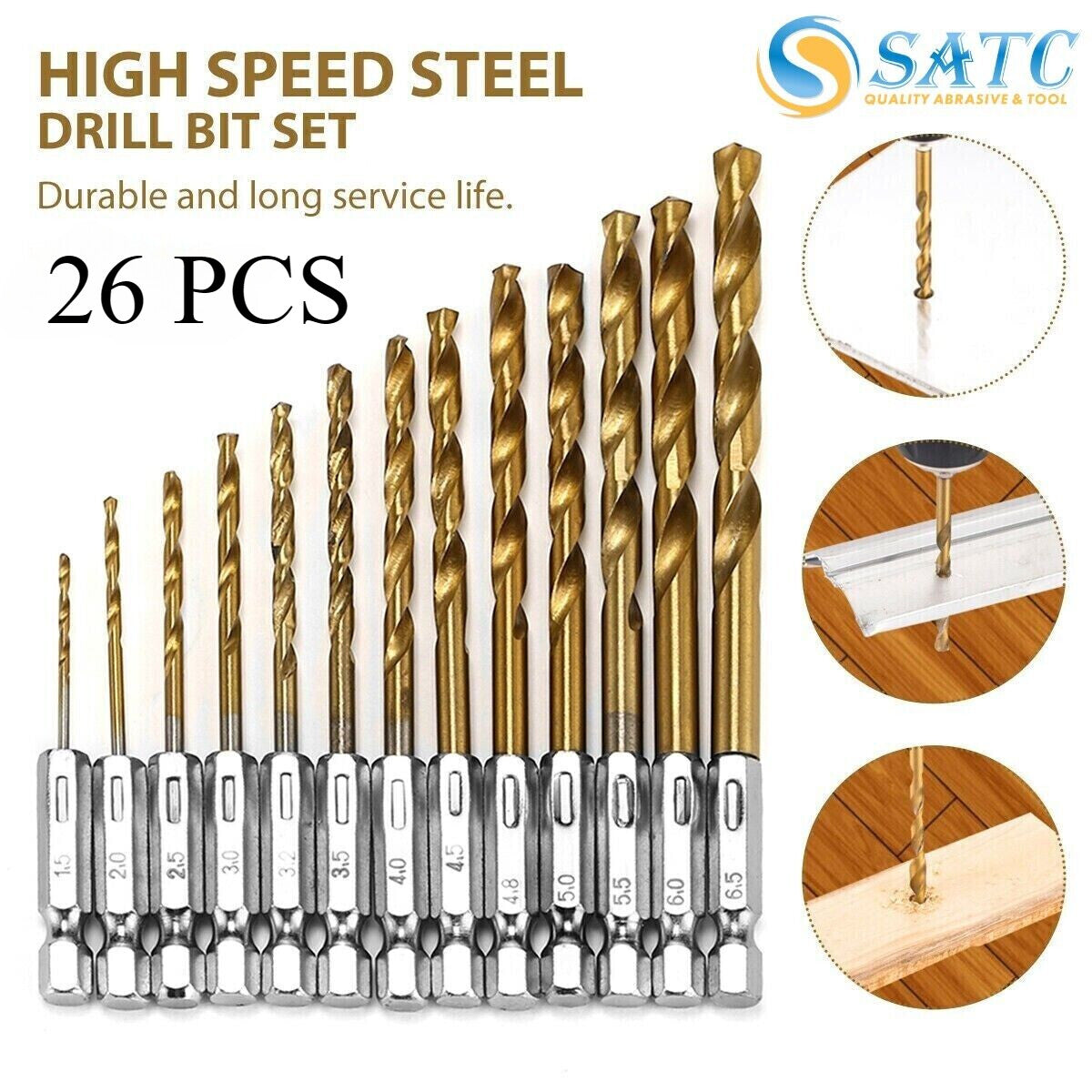 26PCS Titanium Metal HSS-G M2 Twist Drill Bit Set 1/16"-1/4" Hex Shank