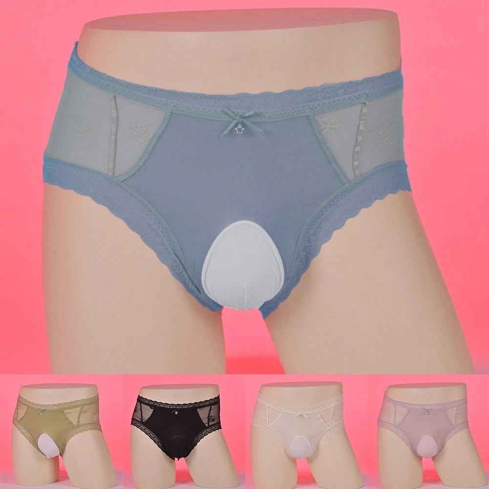 Men Sissy Egg Pouch Brief Lace Splicing Mid Rise Soft Underwear
