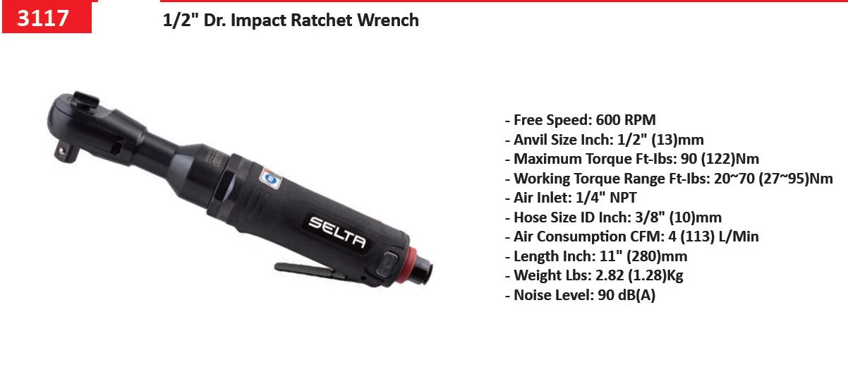 Selta Taiwan 1/2" Dr. Ratchet Air Torque Wrench 90ft.lbs/122Nm 280mmL 600RPM